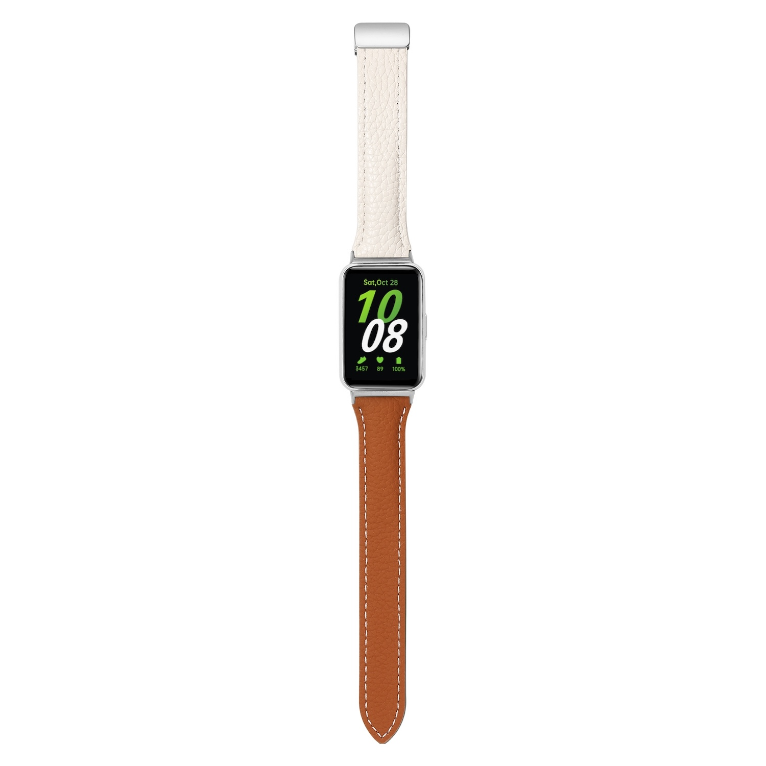 Eine Smartwatch mit einem weißen oberen Band und einem braunen unteren Band. Das Display zeigt die Uhrzeit an.