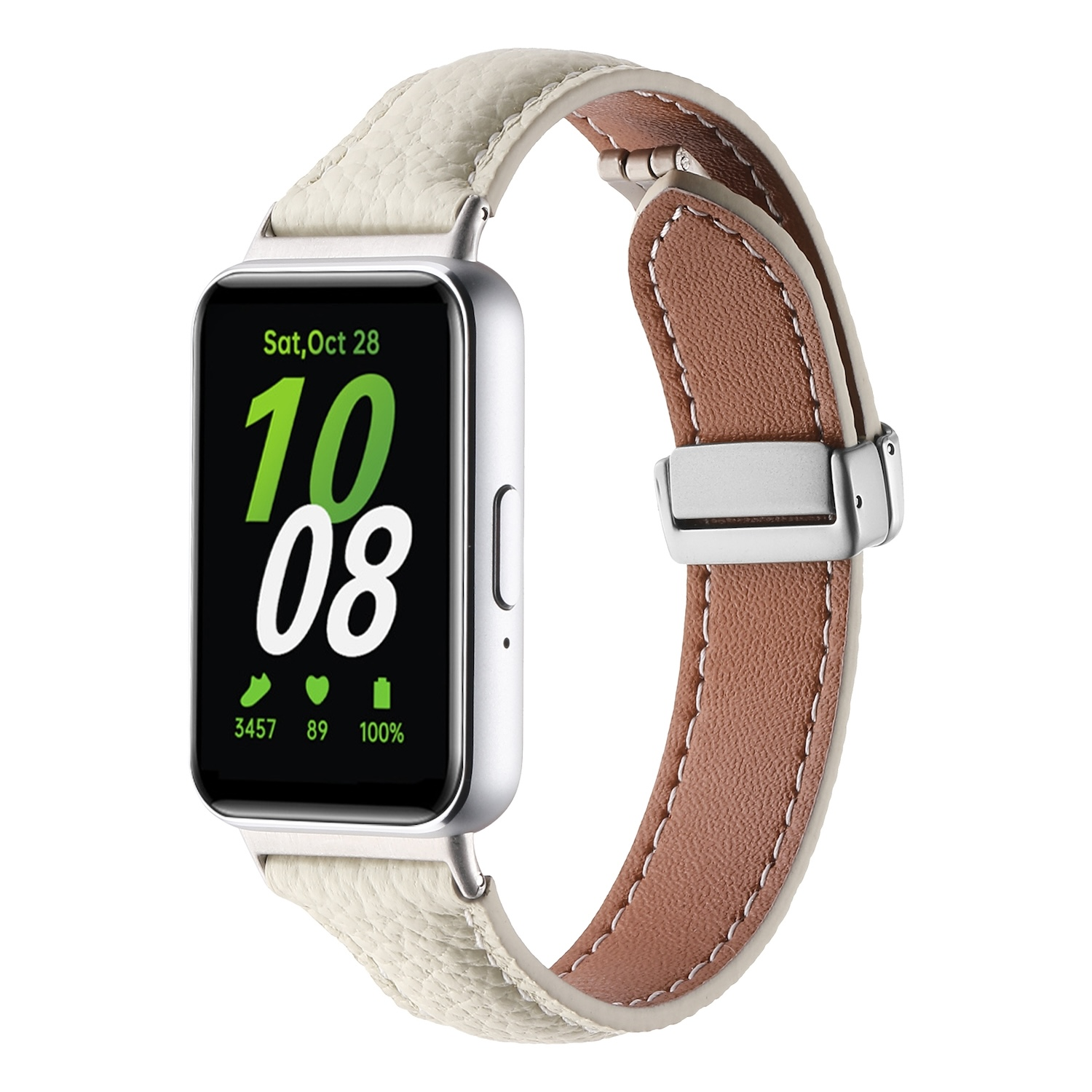 Smartwatch mit weißem Lederarmband und silbernem Gehäuse. Das Display zeigt Zeit und Statistiken.