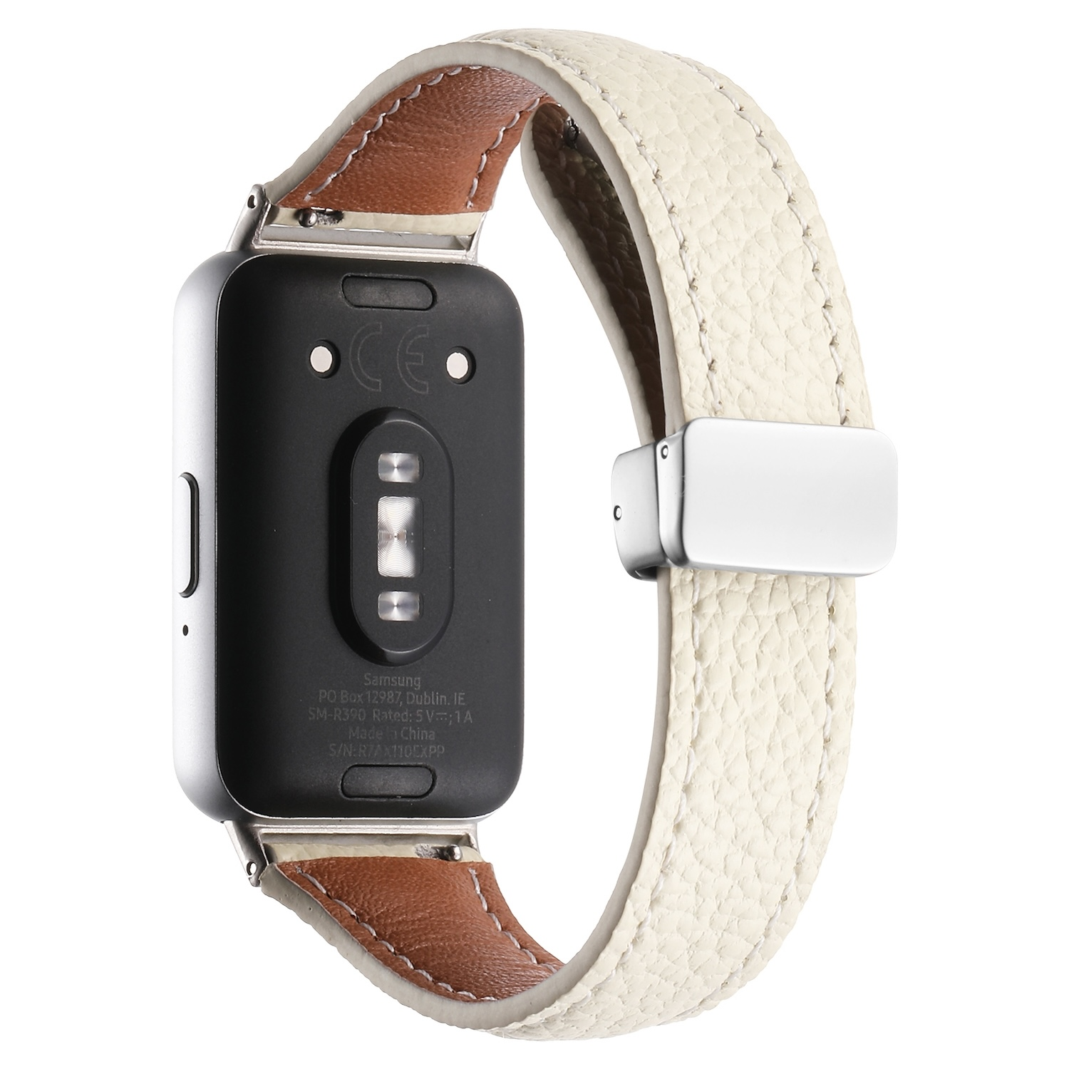 Smartwatch, Rückseite mit weißem Lederarmband.
