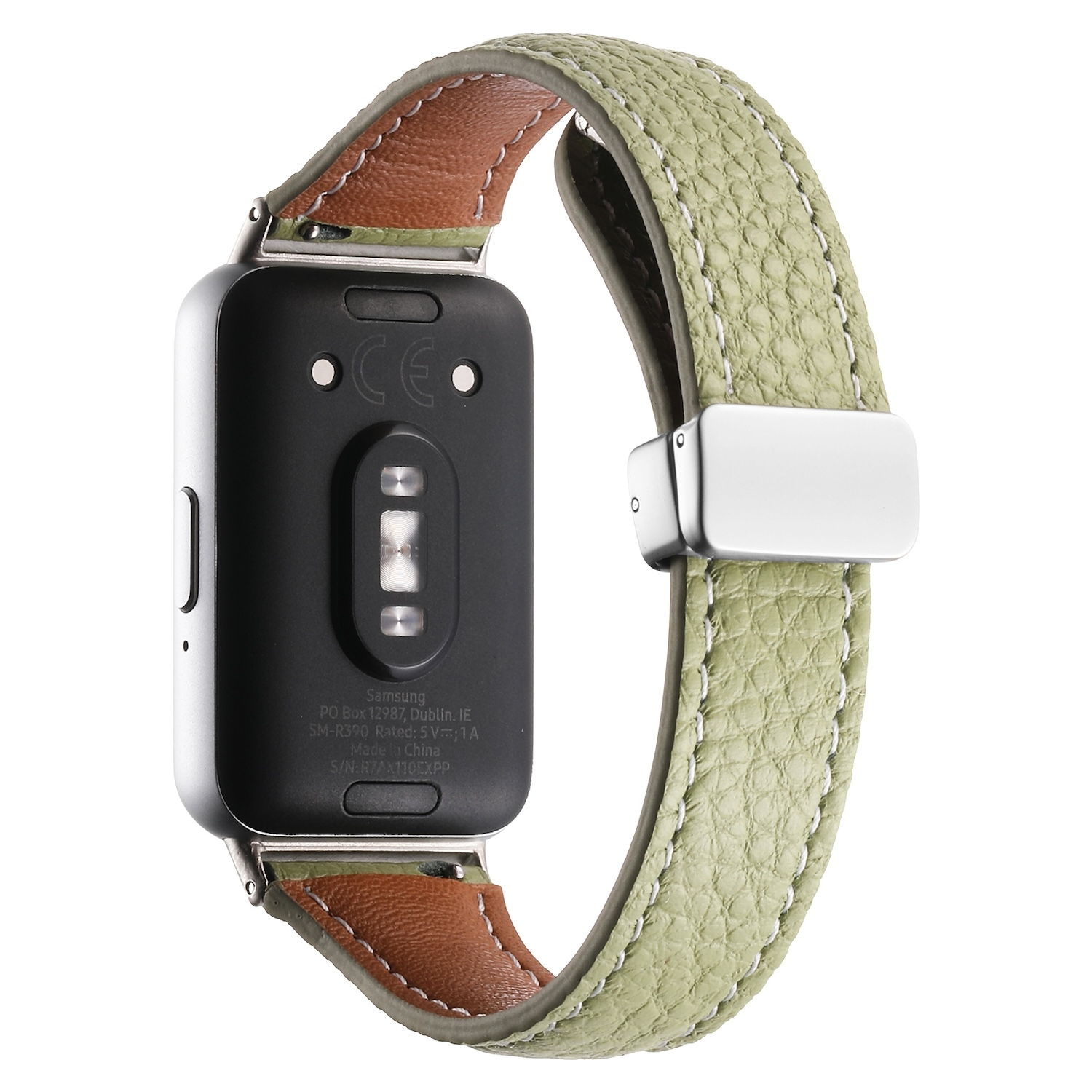 Smartwatch, Rückansicht, mit grünem Lederarmband und braunem Innenarmband, verbunden mit silbernem Metallband.