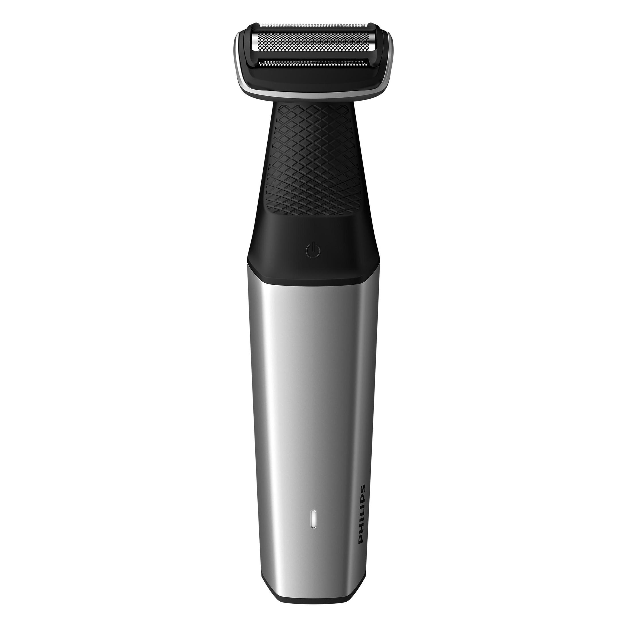 Gümüş vücut tıraş makinesi, siyah başlık. Sapta güç düğmesi. Altta Philips metni.
