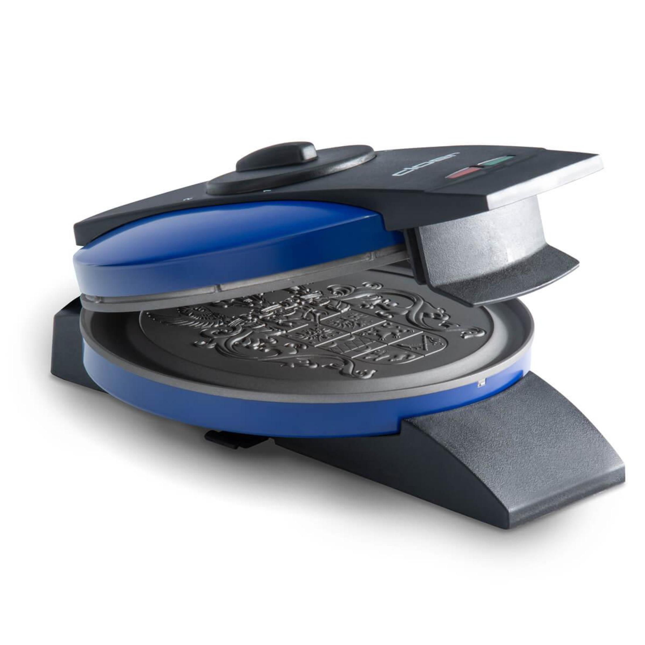 Macchina per waffle blu e nera con design decorativo.