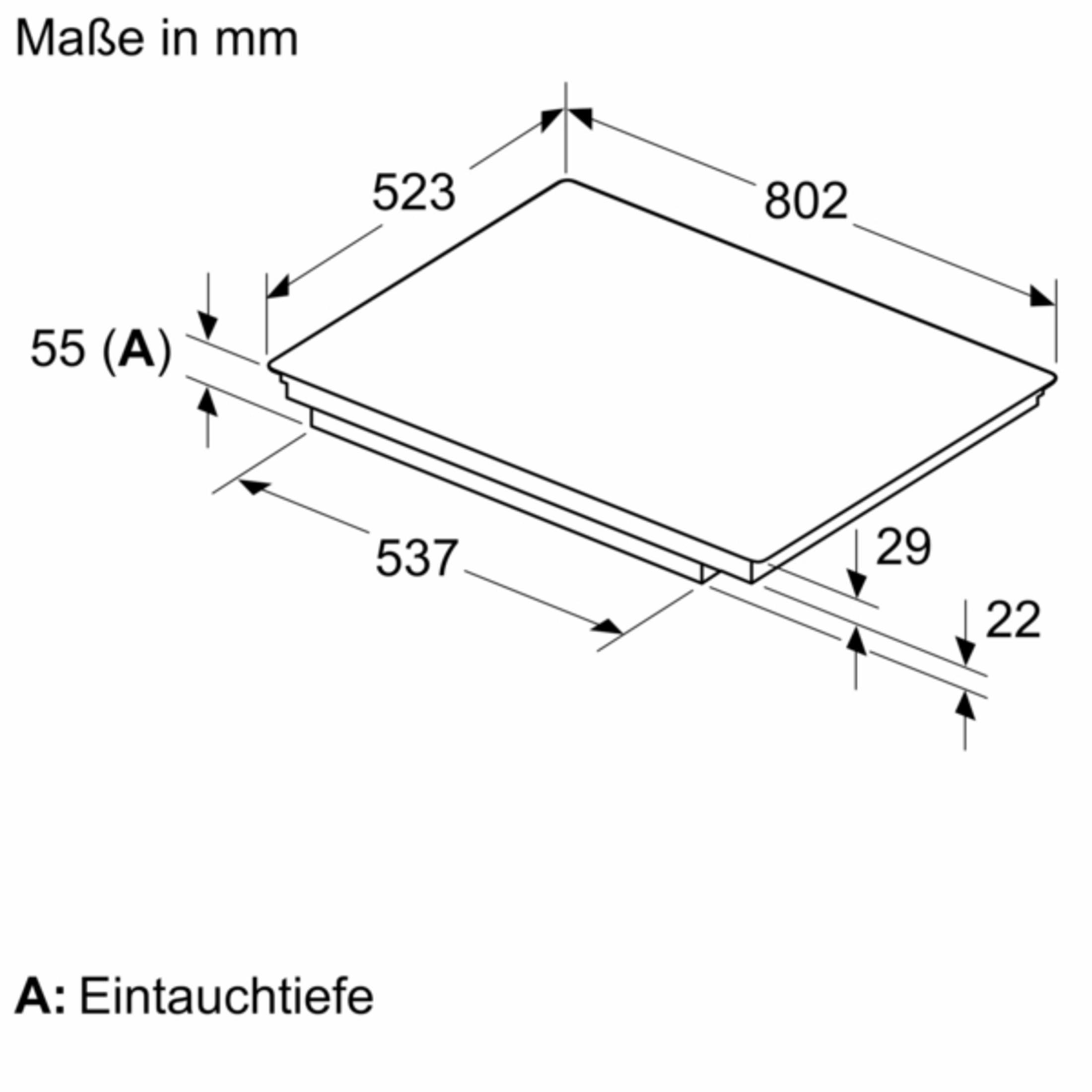 Ein Diagramm eines schwarzen Kochfelds mit Abmessungen in mm. Der Text gibt die Tiefe und Breite an.