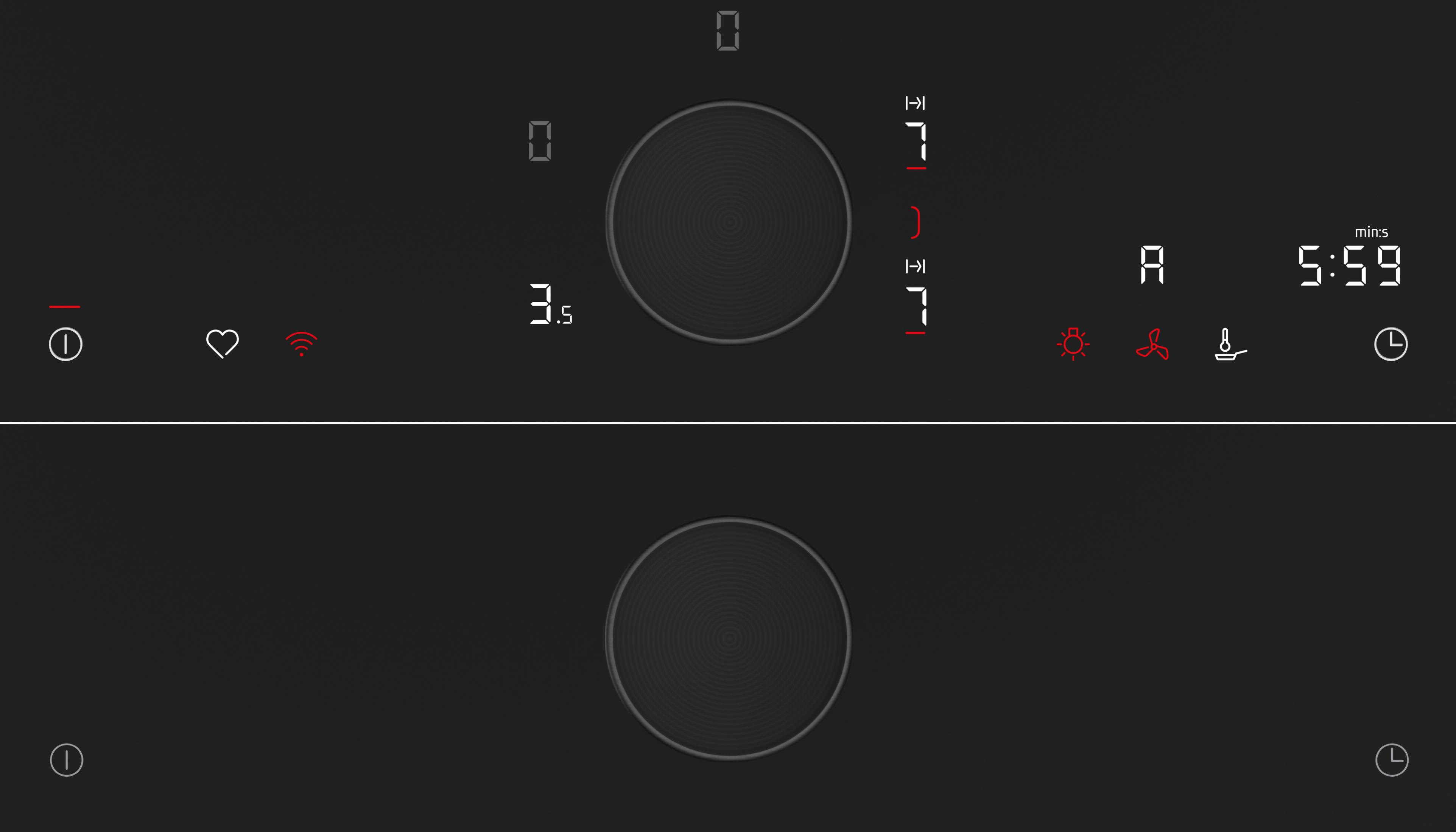 Czarna płyta grzejna z cyfrowymi elementami sterującymi, w tym timerem, poziomami mocy i różnymi ikonami funkcji gotowania.