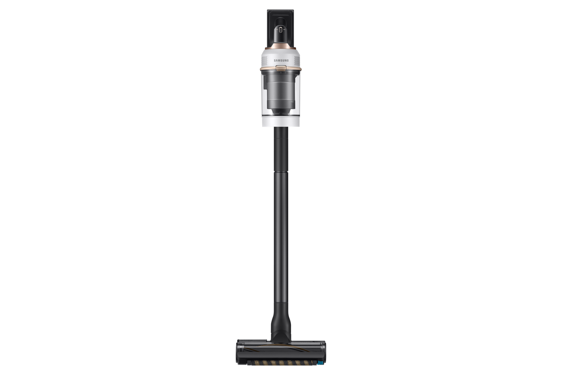 Czarno-biały odkurzacz stojący pionowo na czarnym tle. Ma długi uchwyt.