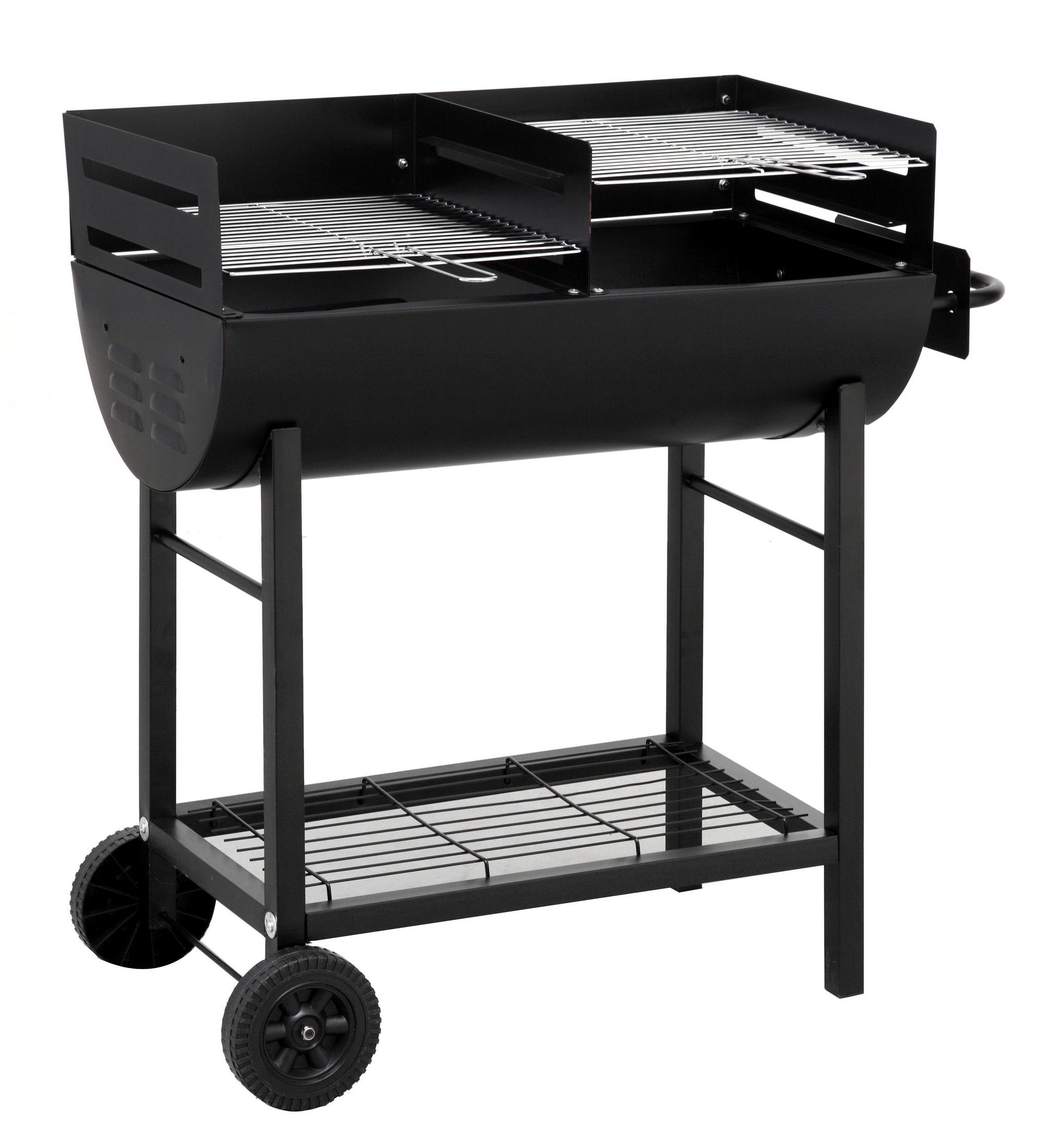 Ein schwarzer Holzkohlegrill mit zwei Grillrosten und einem unteren Ablageregal auf Rädern.