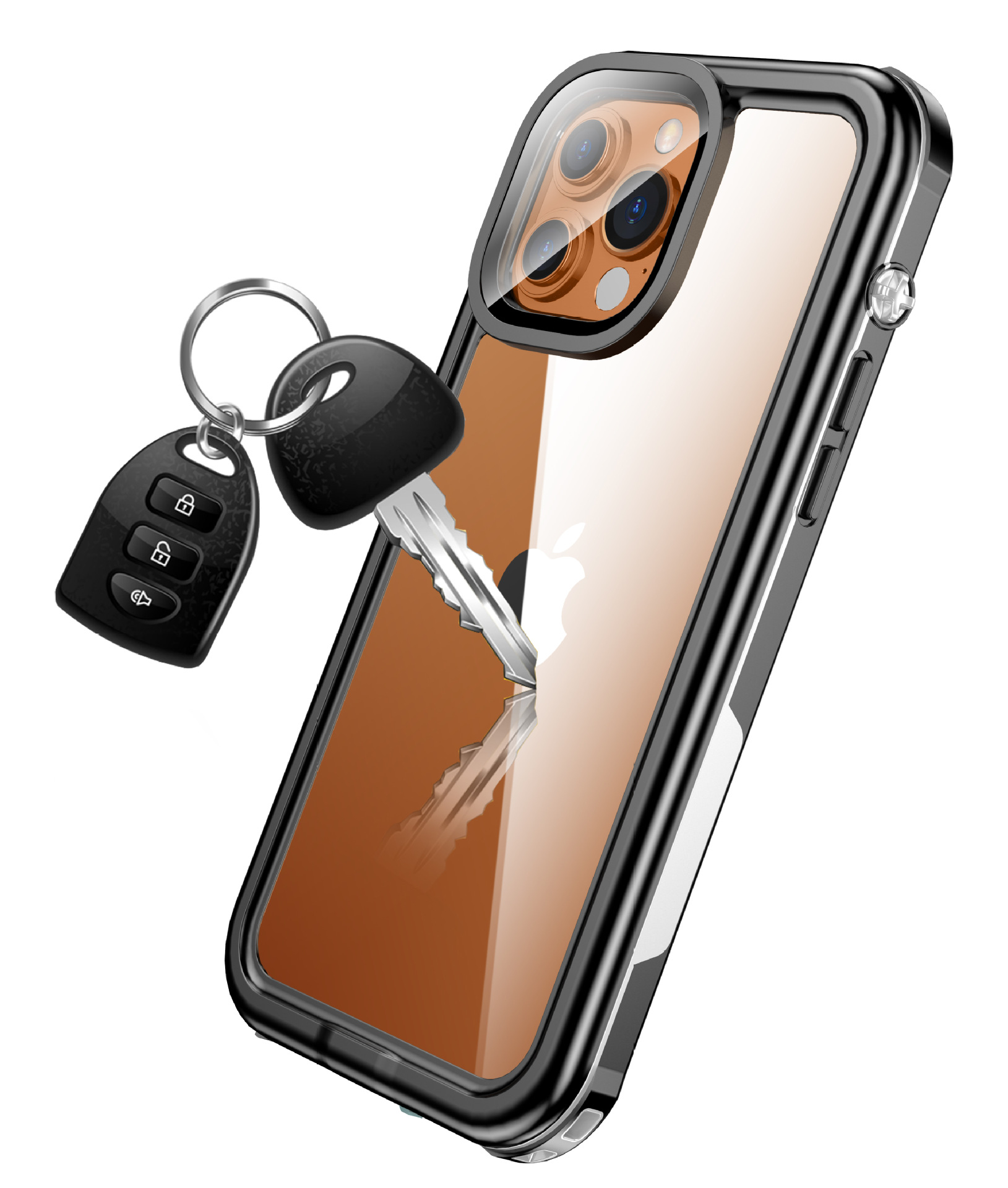 Przezroczyste etui na telefon z telefonem i kluczami. Etui ma czarną ramkę.