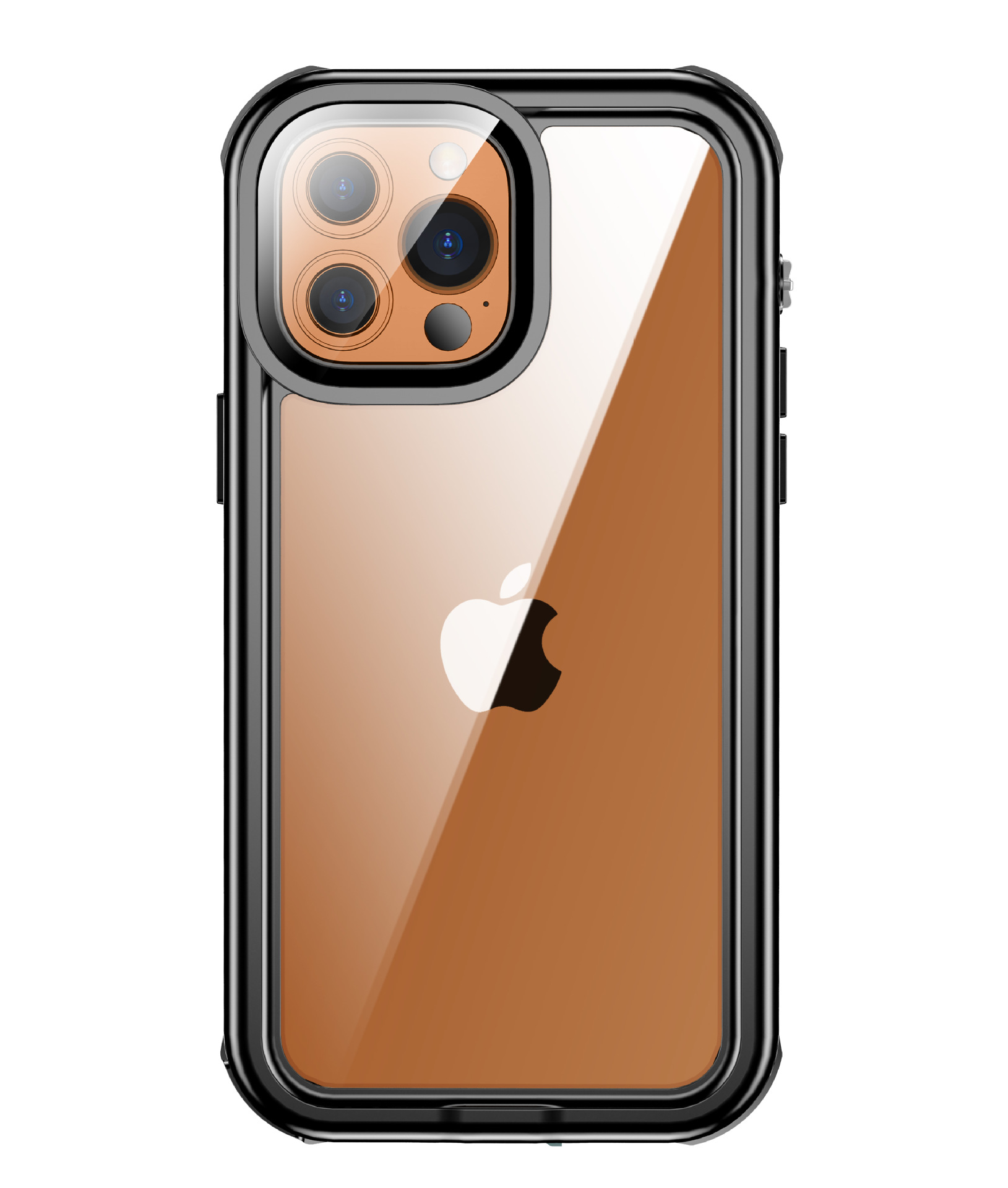 Telefon z przezroczystym etui, telefon jest pomarańczowy, a etui ma czarną ramkę.