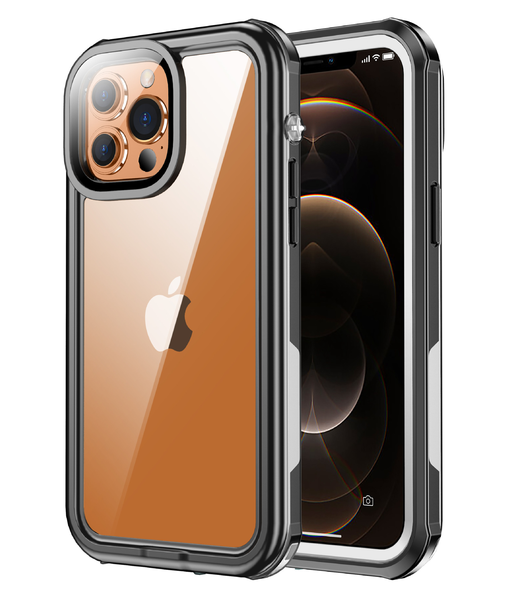 Telefon w przezroczystym etui. Przezroczyste etui z czarną ramką i złotym aparatem. Białe tło.