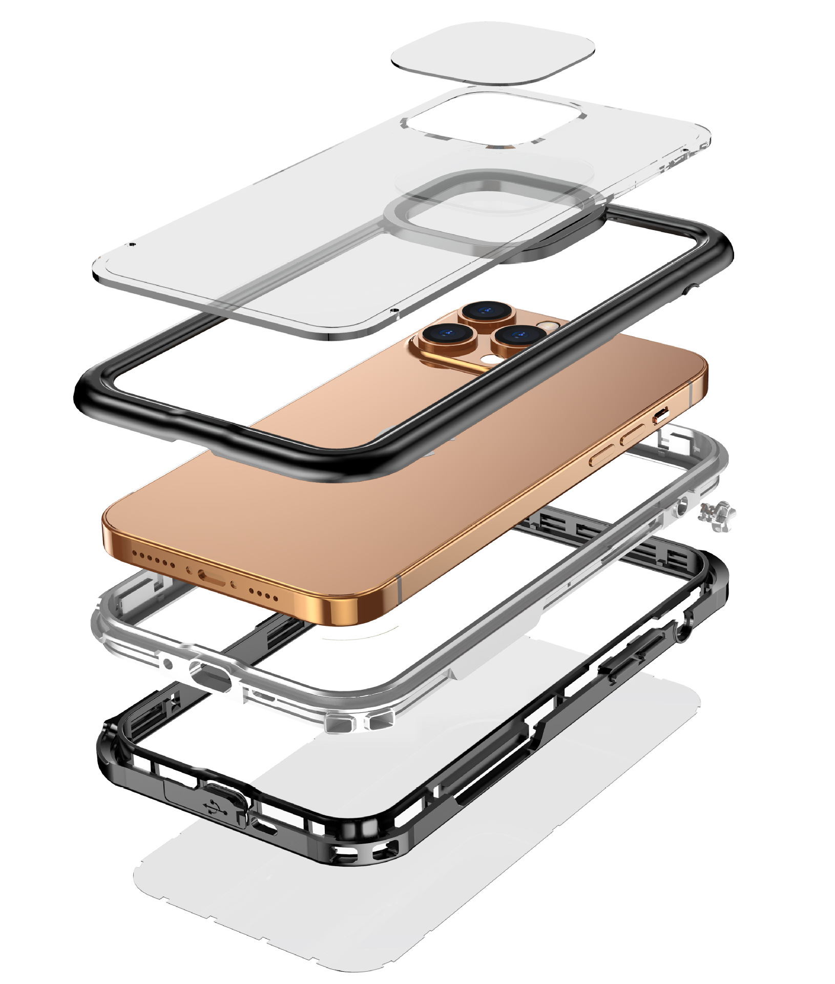 Widok rozłożony komponentów obudowy telefonu. Przezroczysta osłona, czarna ramka, telefon i dolne warstwy są widoczne.