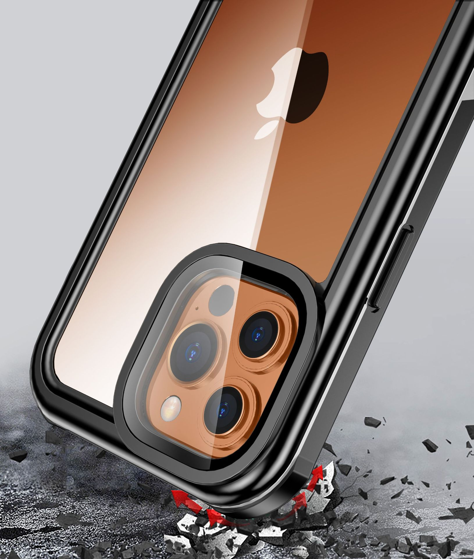 Zbliżenie na etui na telefon, chroniące telefon. Pęknięcia są widoczne na ziemi.