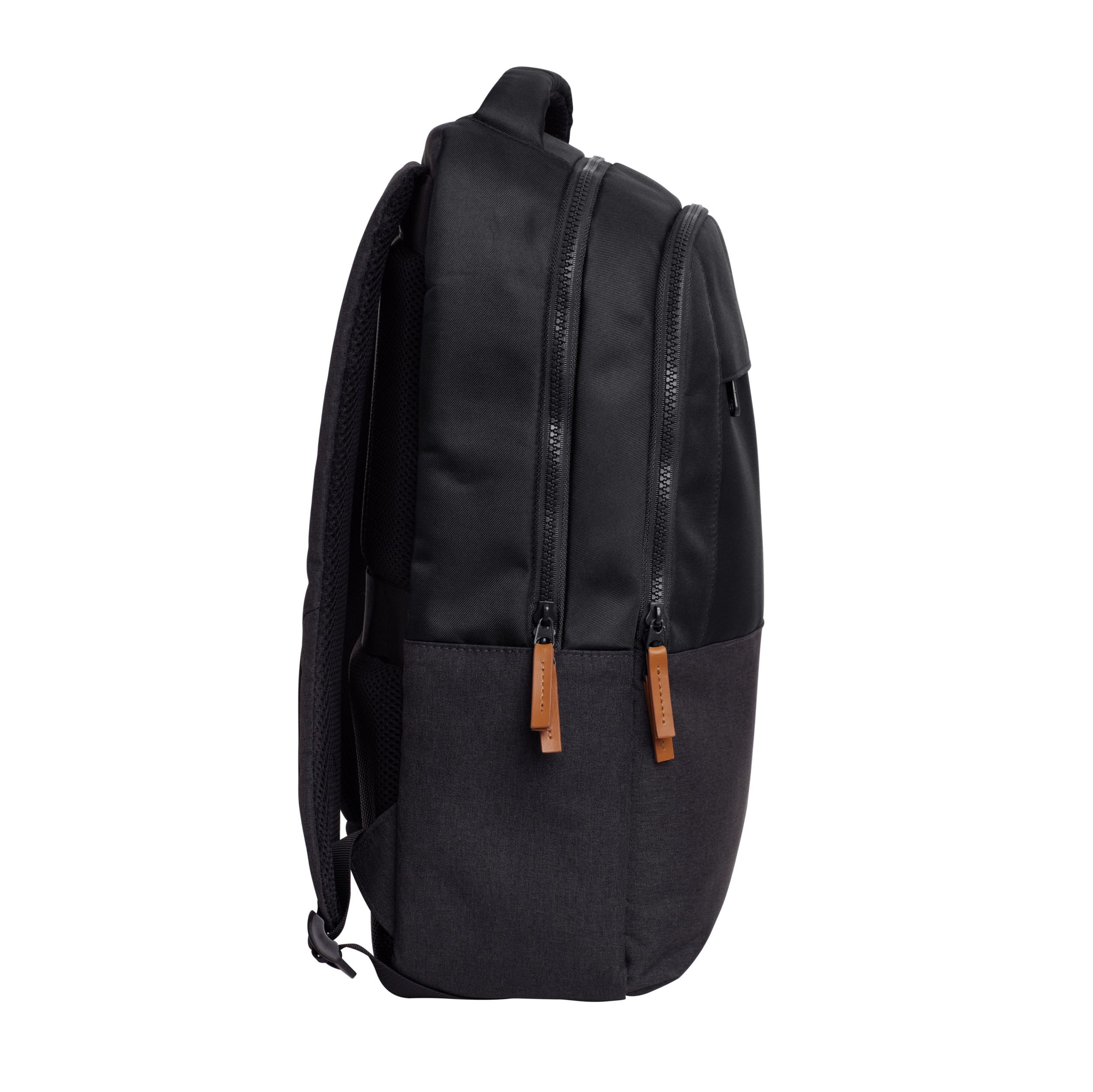 Black backpack with two zippers, brown leather zipper pulls, and a black background.