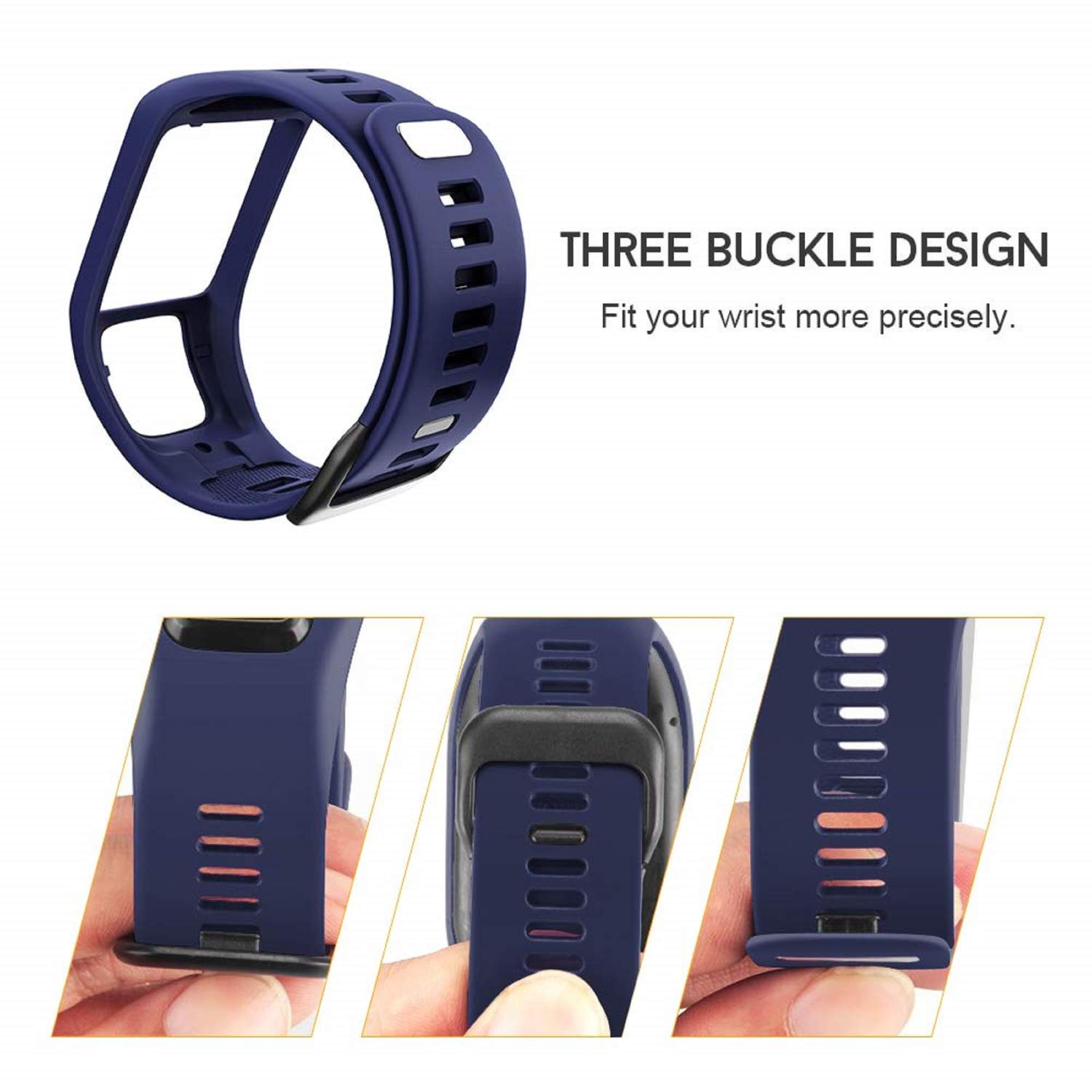 Marineblaues Smartwatch-Armband mit Schnallen-Design, Nahaufnahmen.
