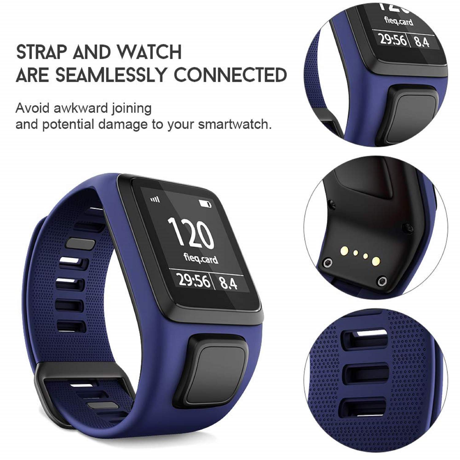 Blaue Smartwatch mit schwarzen Akzenten. Anzeige zeigt Zeit, Herzfrequenz und Schritte. Details des Armbands.