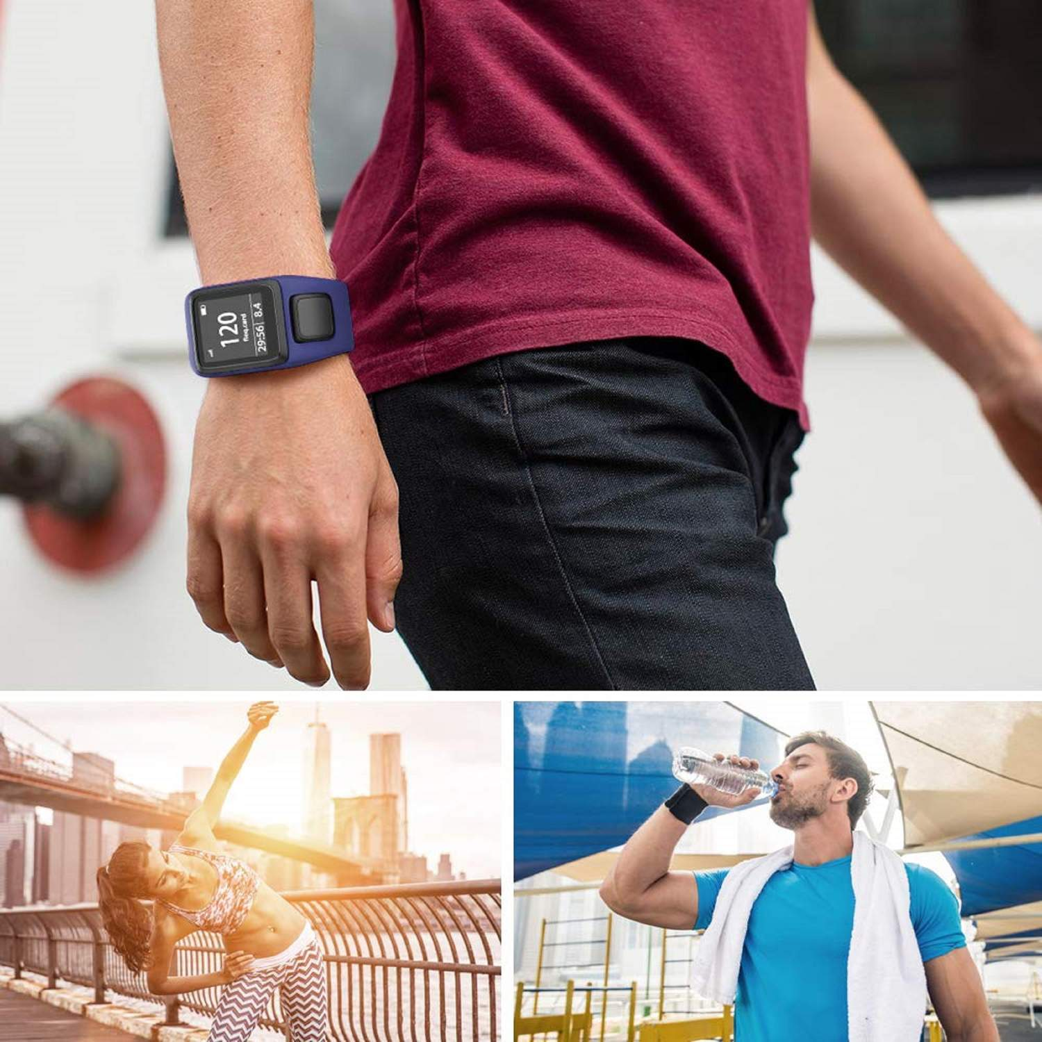 Person mit Smartwatch. Andere Szenen: Dehnen, Laufen und Wassertrinken, alles für Fitness.