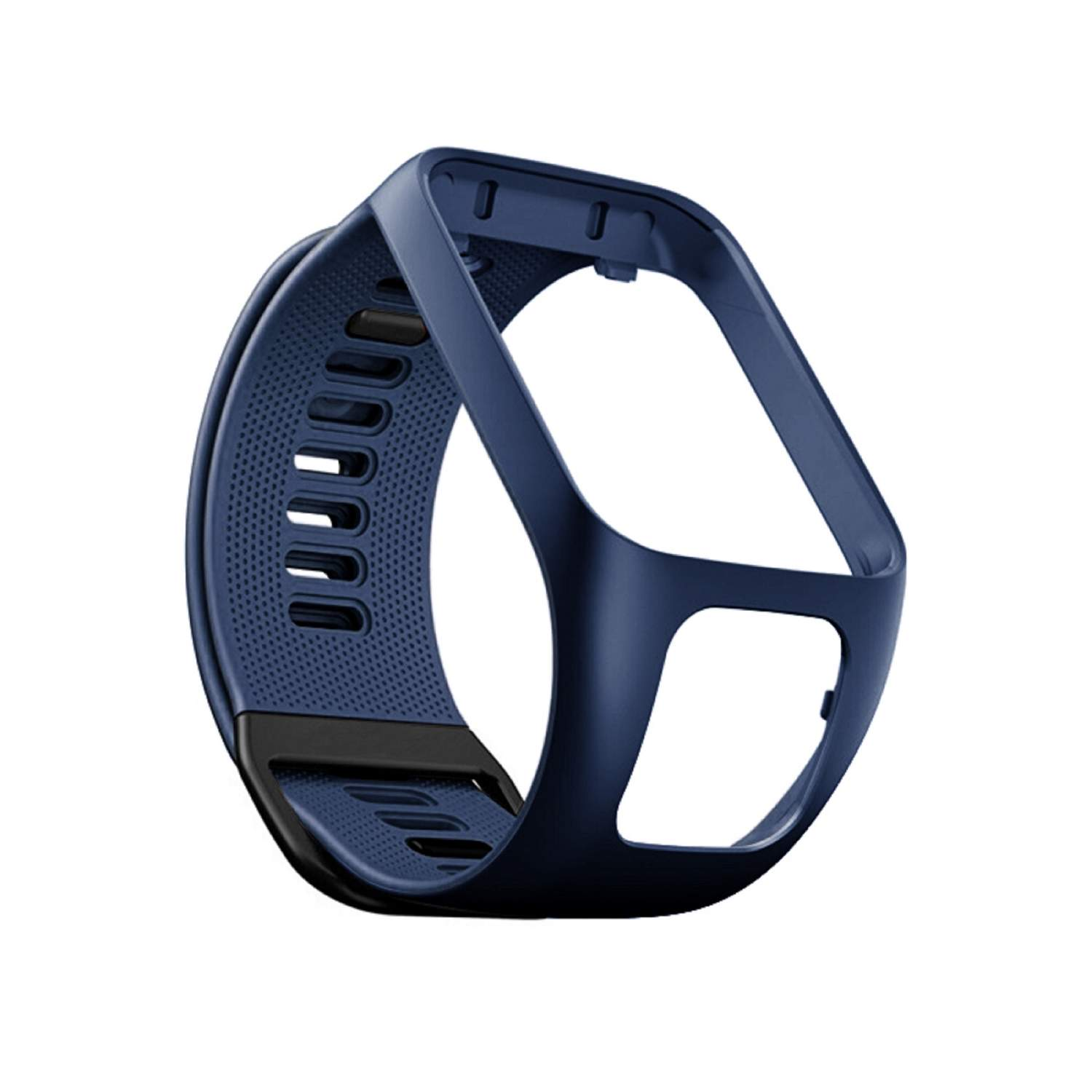 Dunkelblaues Smartwatch-Armband mit schwarzem Innenteil. Es hat eine abgerundete rechteckige Form.