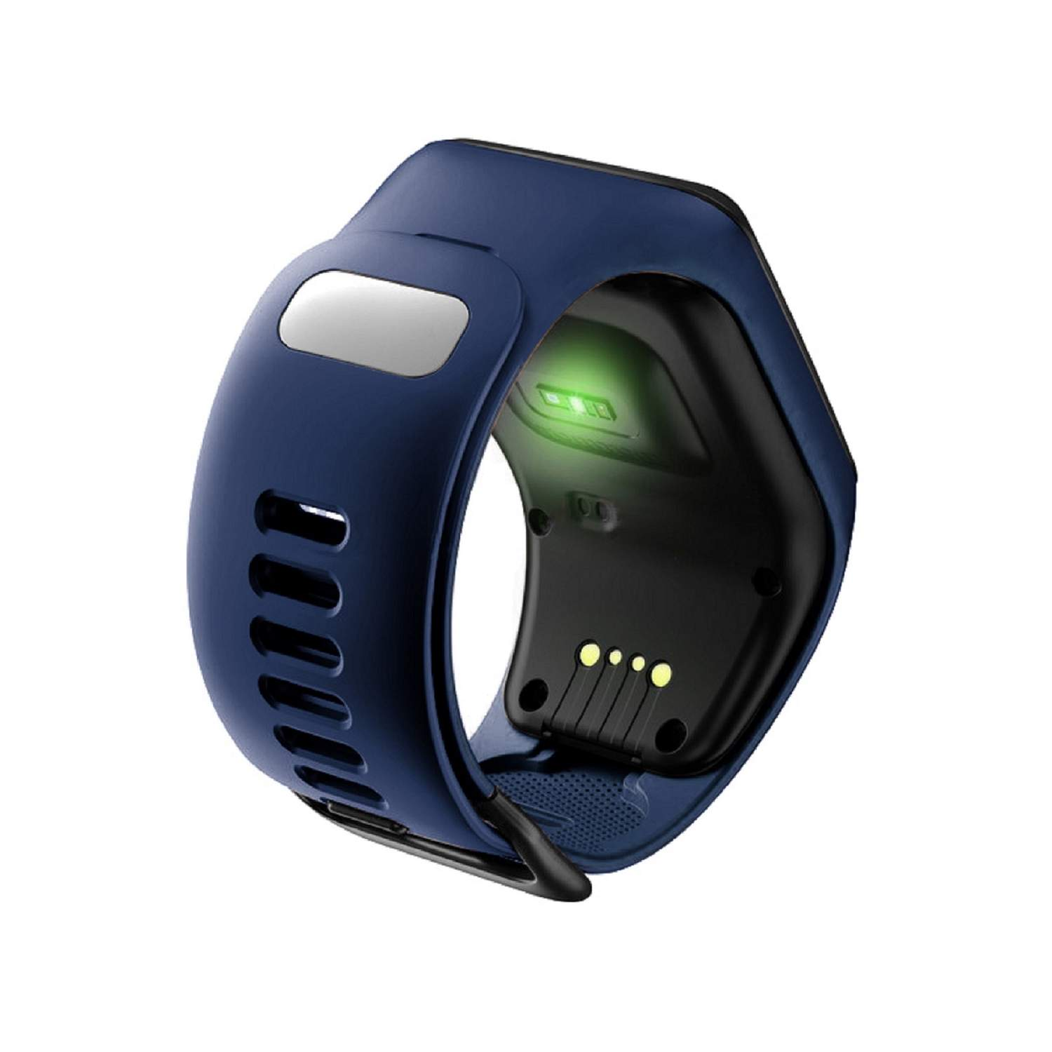 Marineblauer Fitness-Tracker mit grünem Licht. Der Tracker befindet sich auf weißem Hintergrund.
