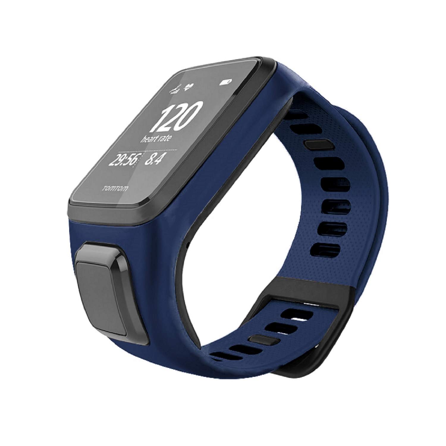 Blau-schwarzer Fitnesstracker. Zeigt Herzfrequenz, Zeit und weitere Infos.