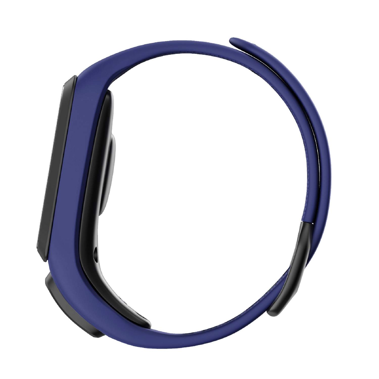 Eine blaue Smartwatch mit schwarzem Display und gebogenem Armband.