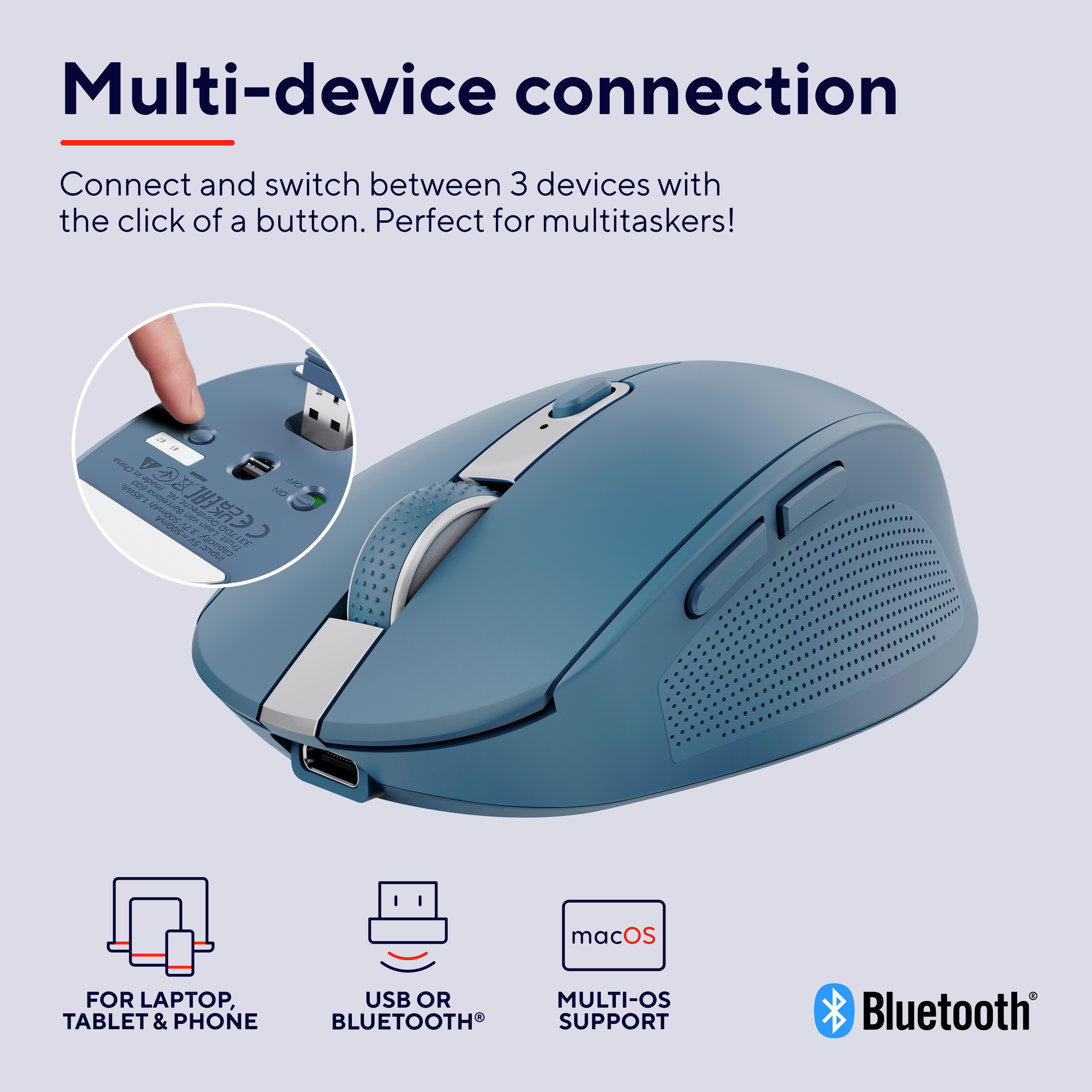 Niebieska mysz bezprzewodowa z portem USB. Przycisk na myszy umożliwia połączenie z 3 urządzeniami. Pokazano Bluetooth.
