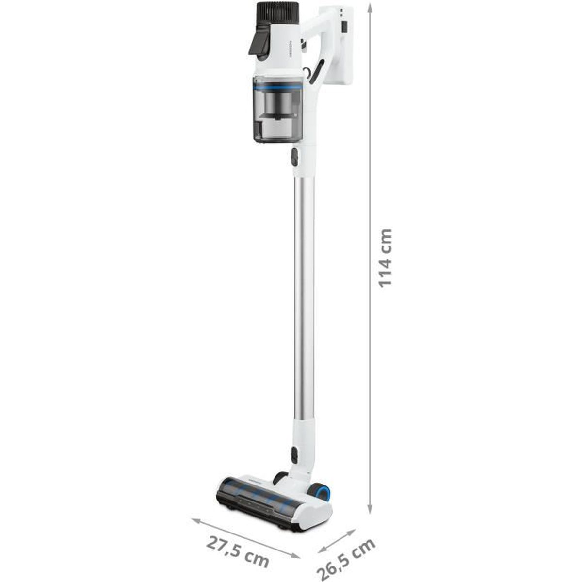 A white and silver cordless vacuum cleaner, with dimensions shown: 27.5 cm x 26.5 cm x 114 cm.