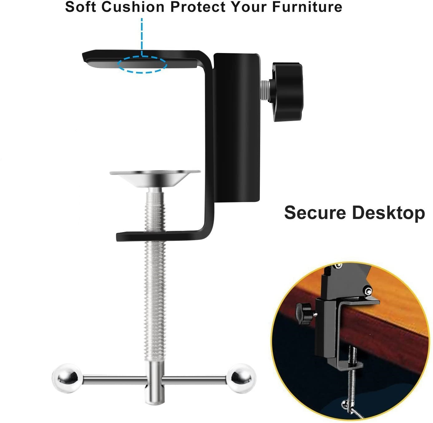 Support de bureau à pince en métal noir avec réglage à vis et bouton noir.