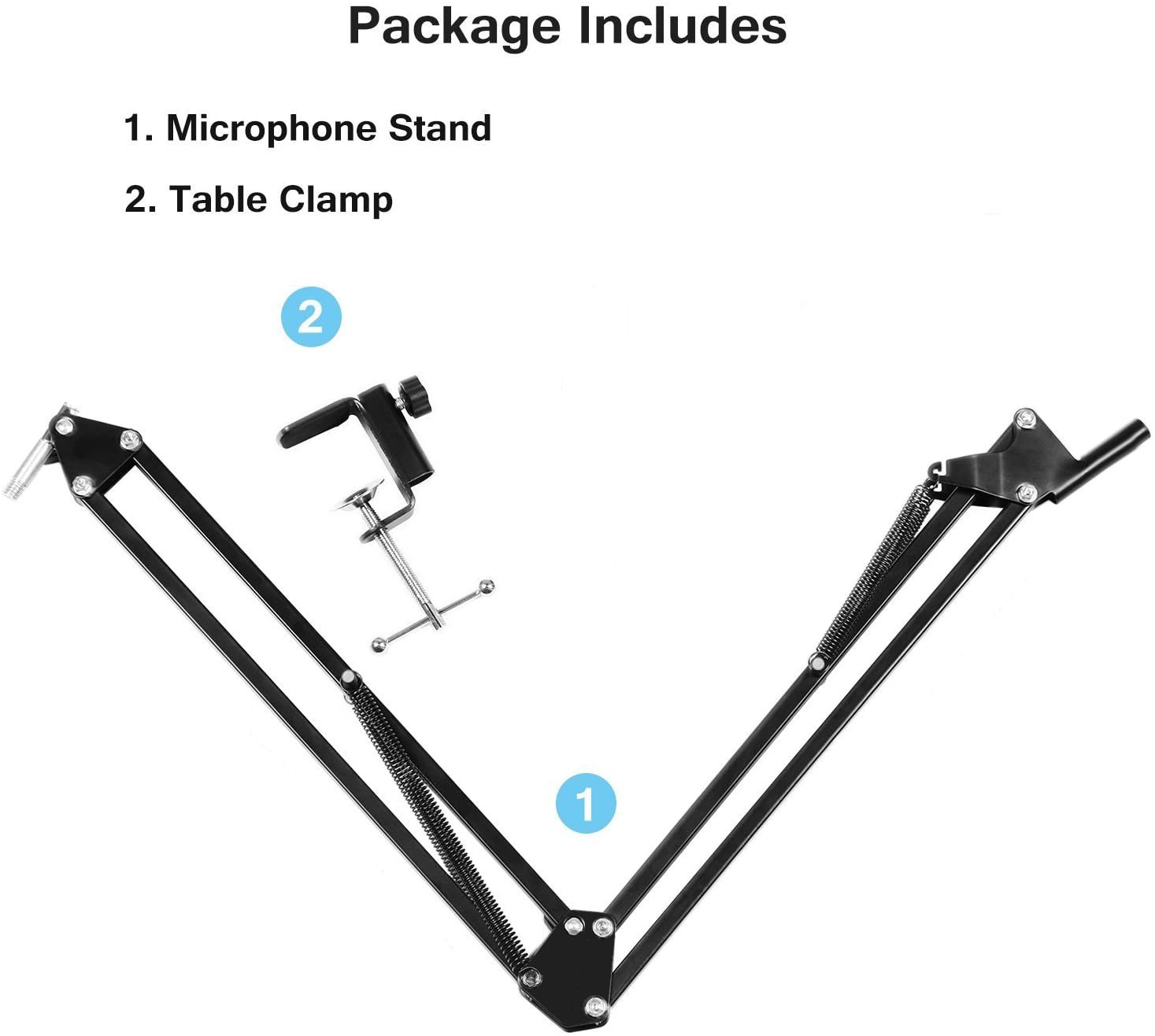 Diagramme d'un pied de microphone et d'une pince de table. Inclut les pièces et les étiquettes.
