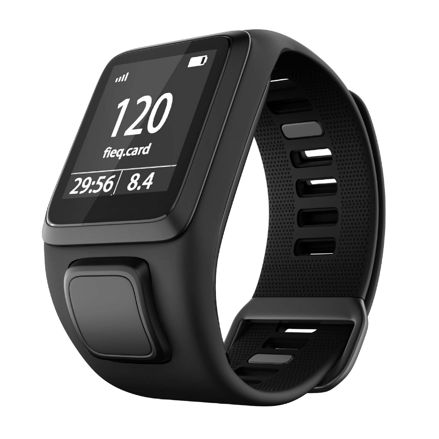 Zwarte fitnesstracker horloge met statistieken. Zwarte polsband, witte achtergrond.