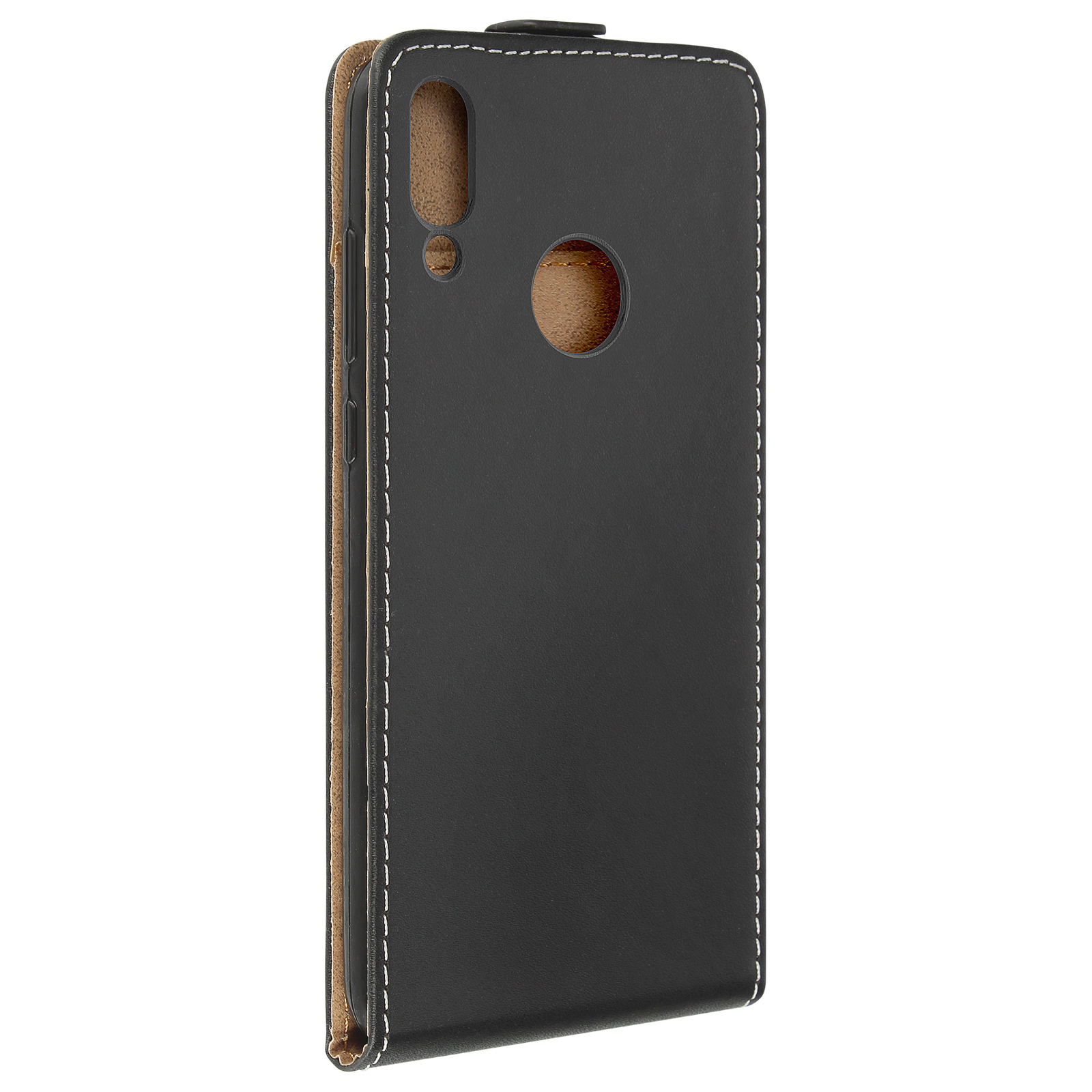 Funda de teléfono negra con interior marrón, costuras blancas, cerrada.