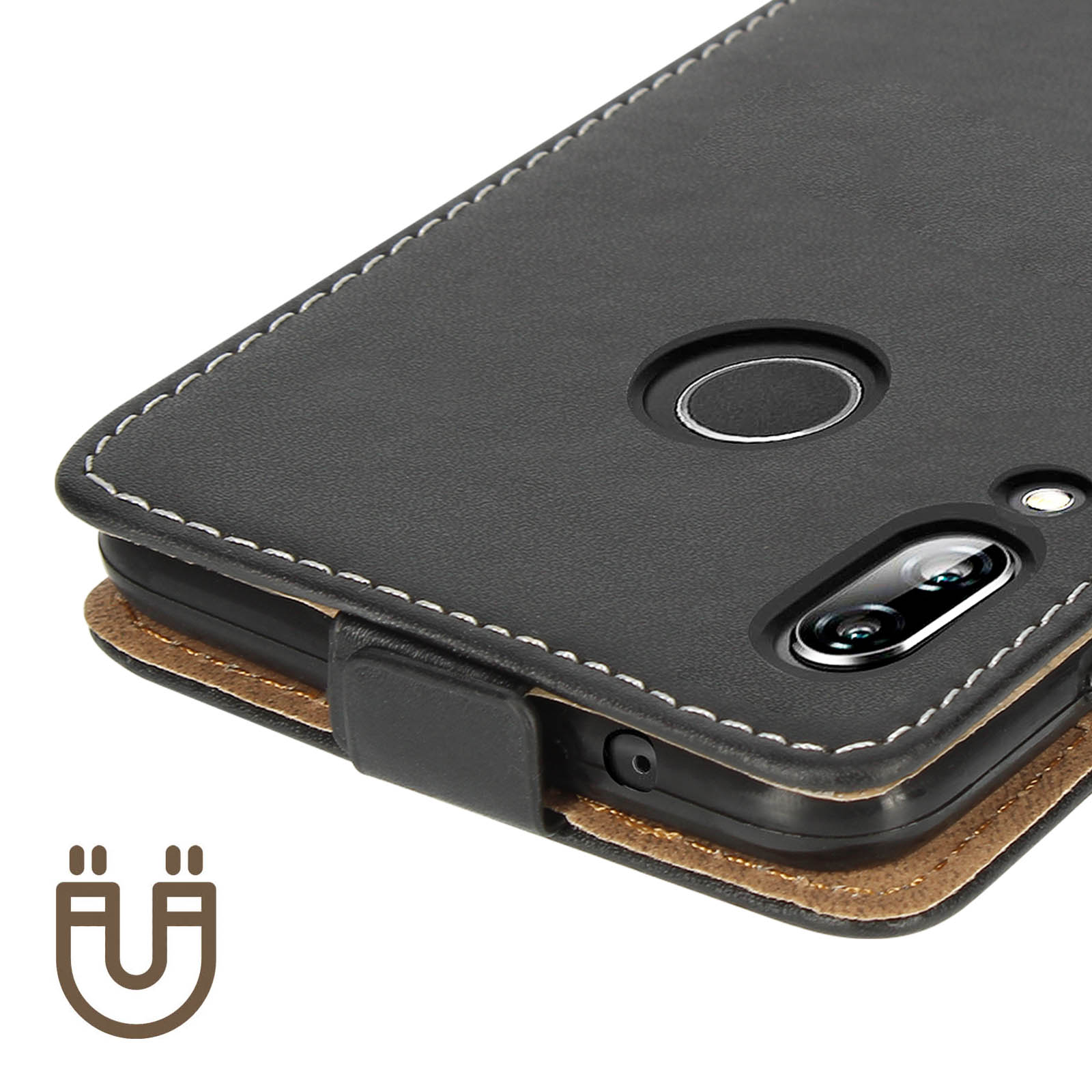 Funda de teléfono de cuero negro con cierre magnético, primer plano.