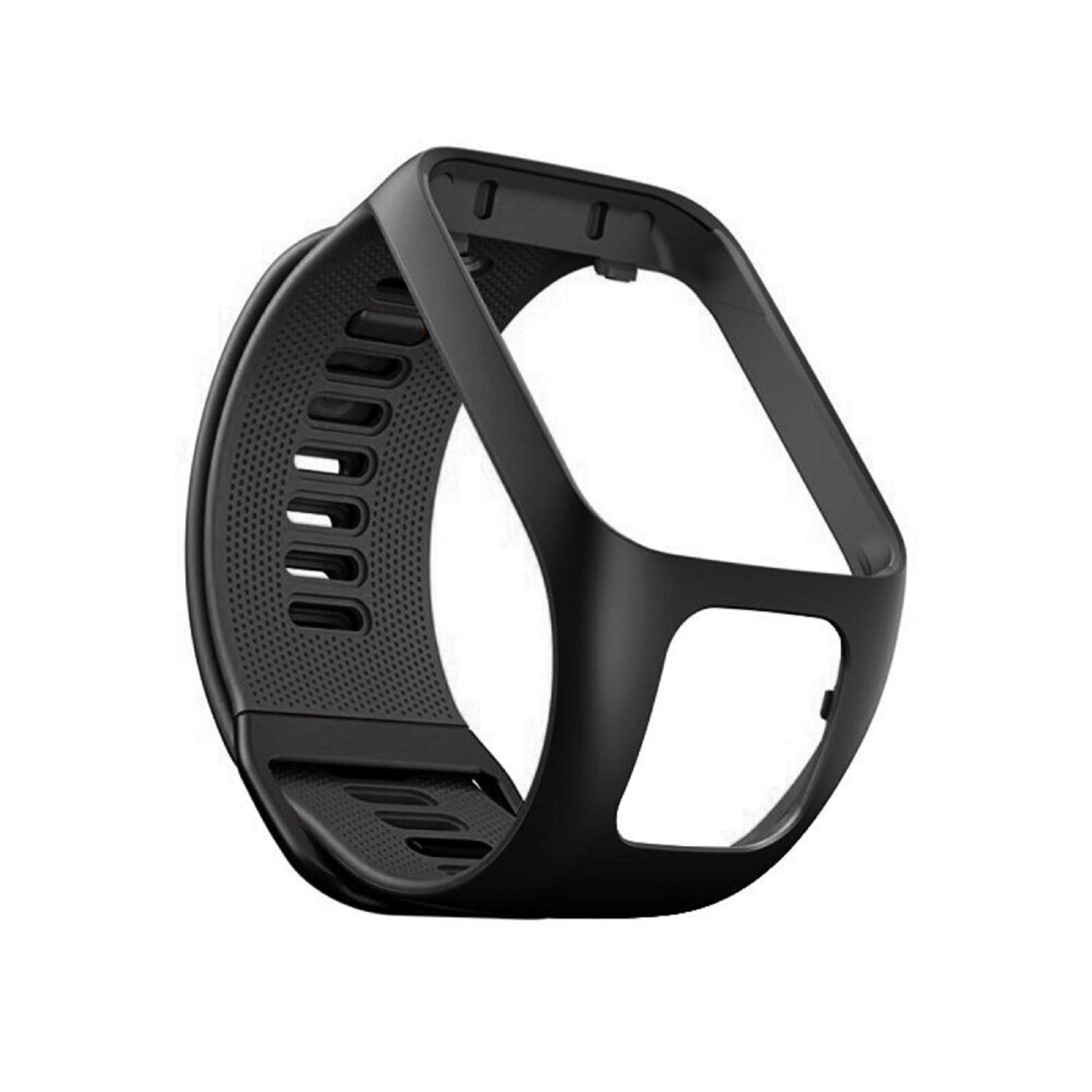 Zwart horlogebandframe. Het is een horlogeaccessoire, zwart van kleur, met meerdere gaten.