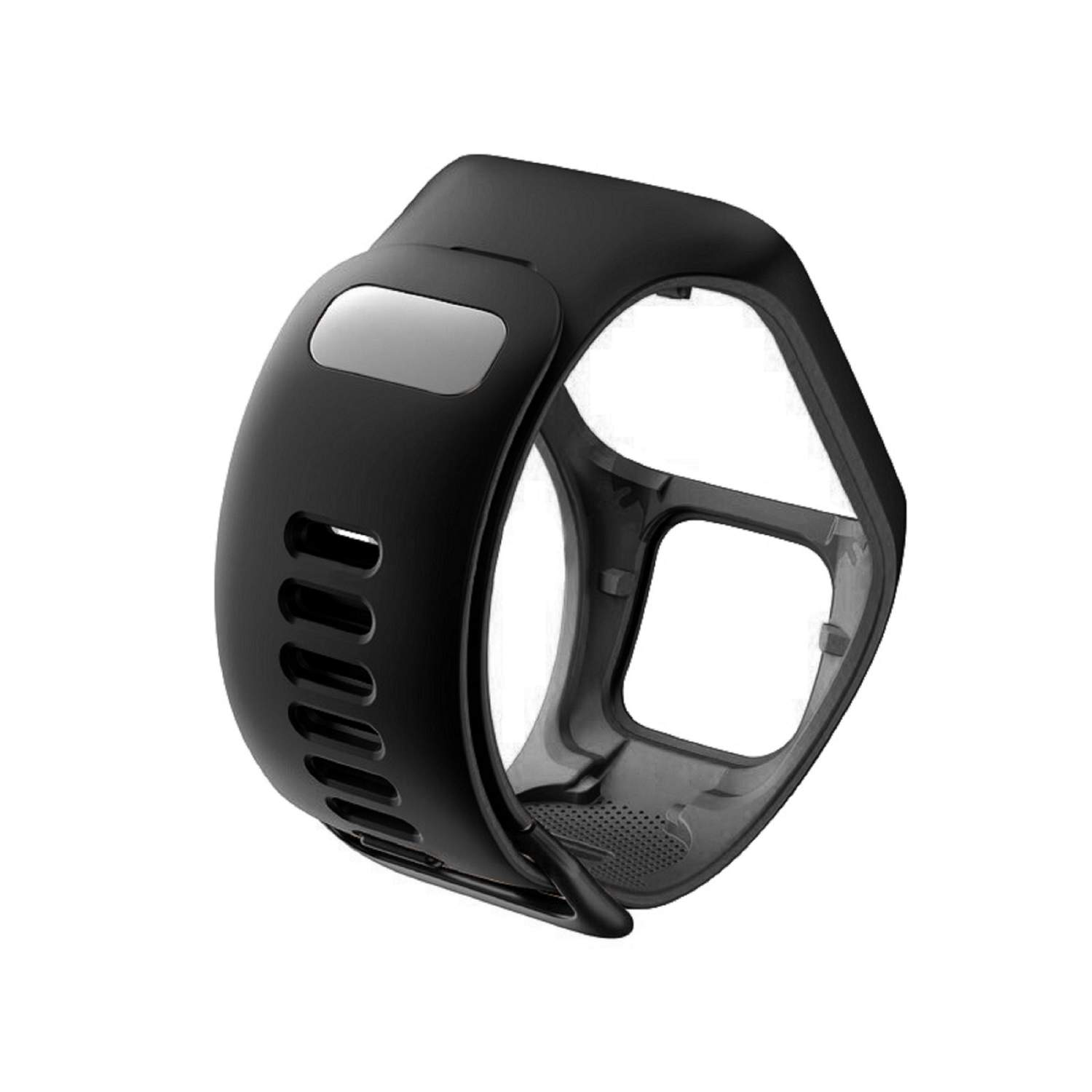Zwarte horlogeband. De band heeft gaten en rondingen. Het is een fitnesstracker.