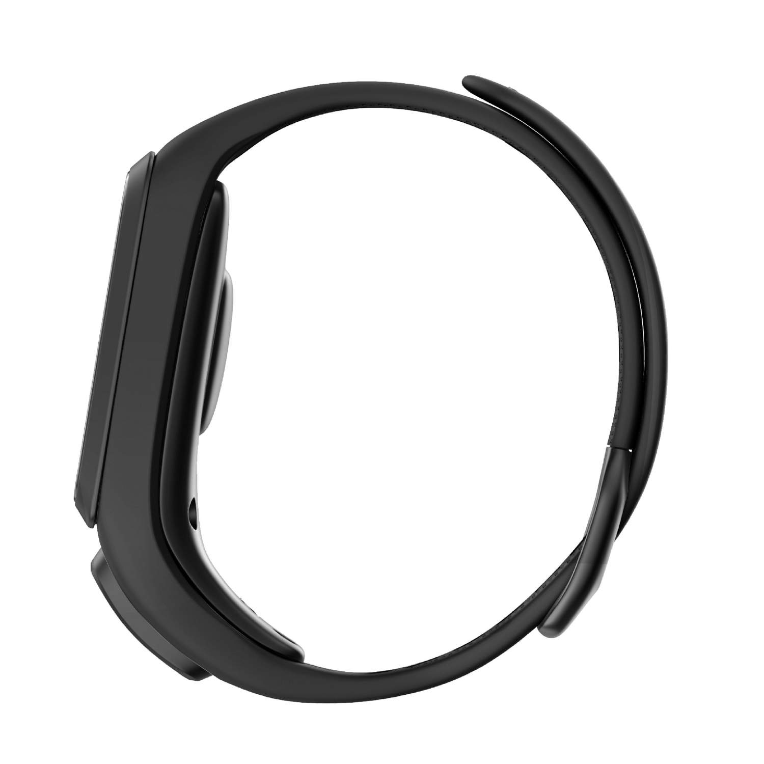Een zwarte fitnesstracker horloge met een gebogen band, van opzij bekeken.