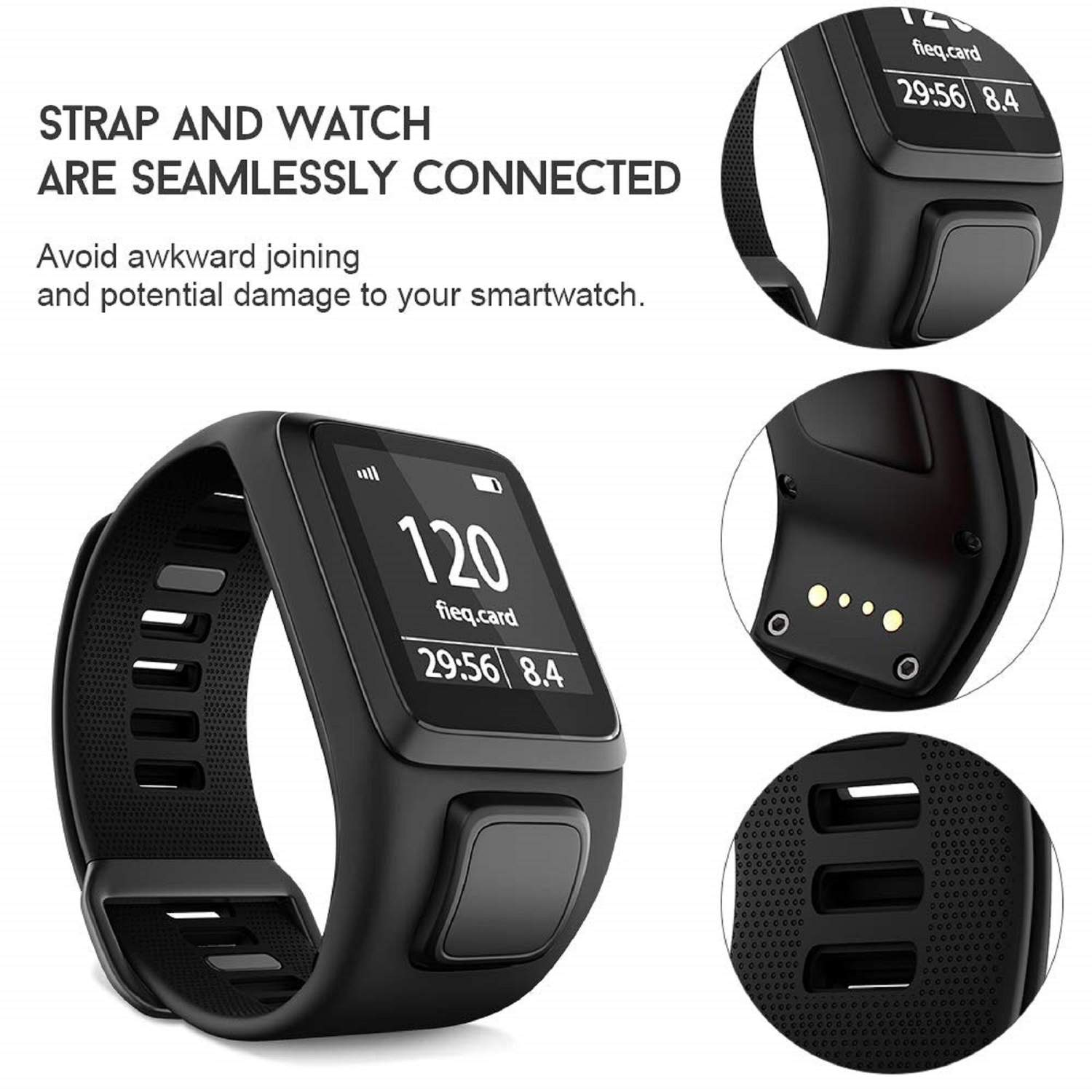 Zwarte smartwatch met bandje en details. Geeft tijd en batterijduur weer. Close-ups van bandverbindingen.