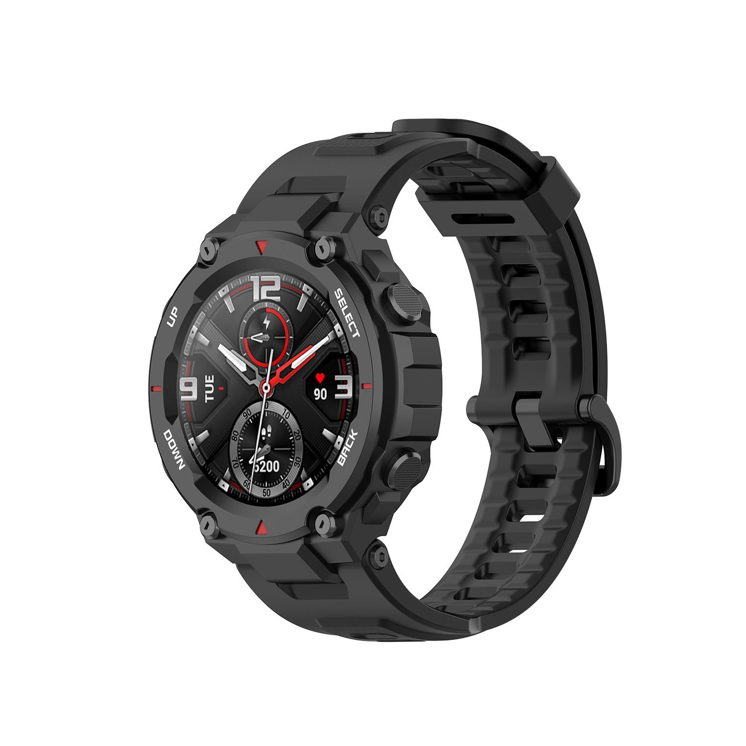 Schwarze Smartwatch mit rundem Zifferblatt, zeigt Zeit und Metriken, mit schwarzem Armband.