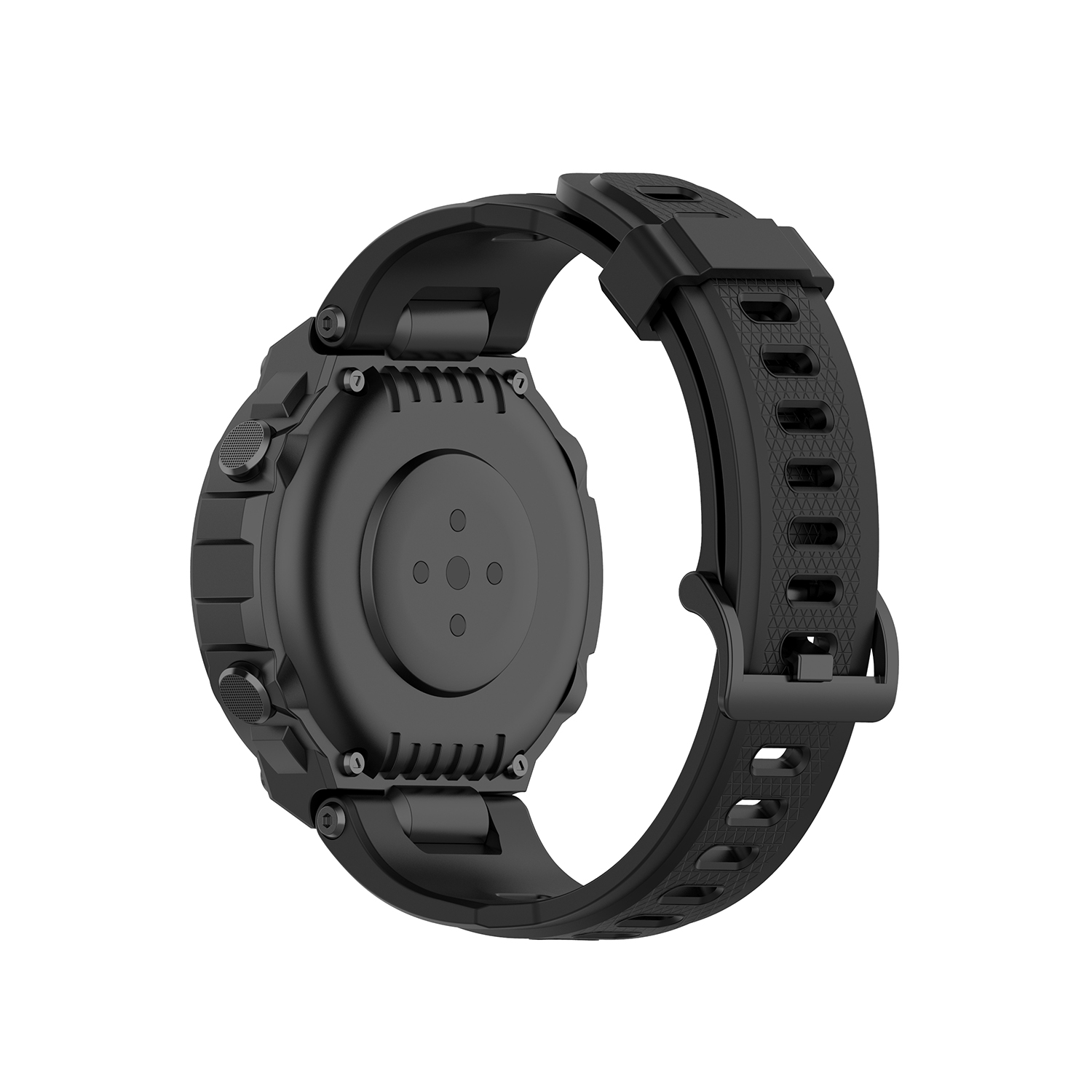 Schwarze Smartwatch. Rückseite zeigt Sensor- und Banddetails.