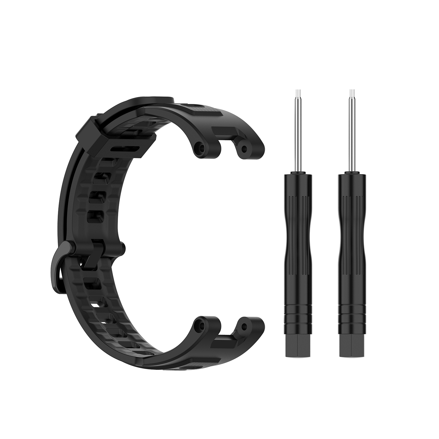 Ein schwarzes Armband mit Schnalle und zwei schwarzen Schraubendrehern daneben.