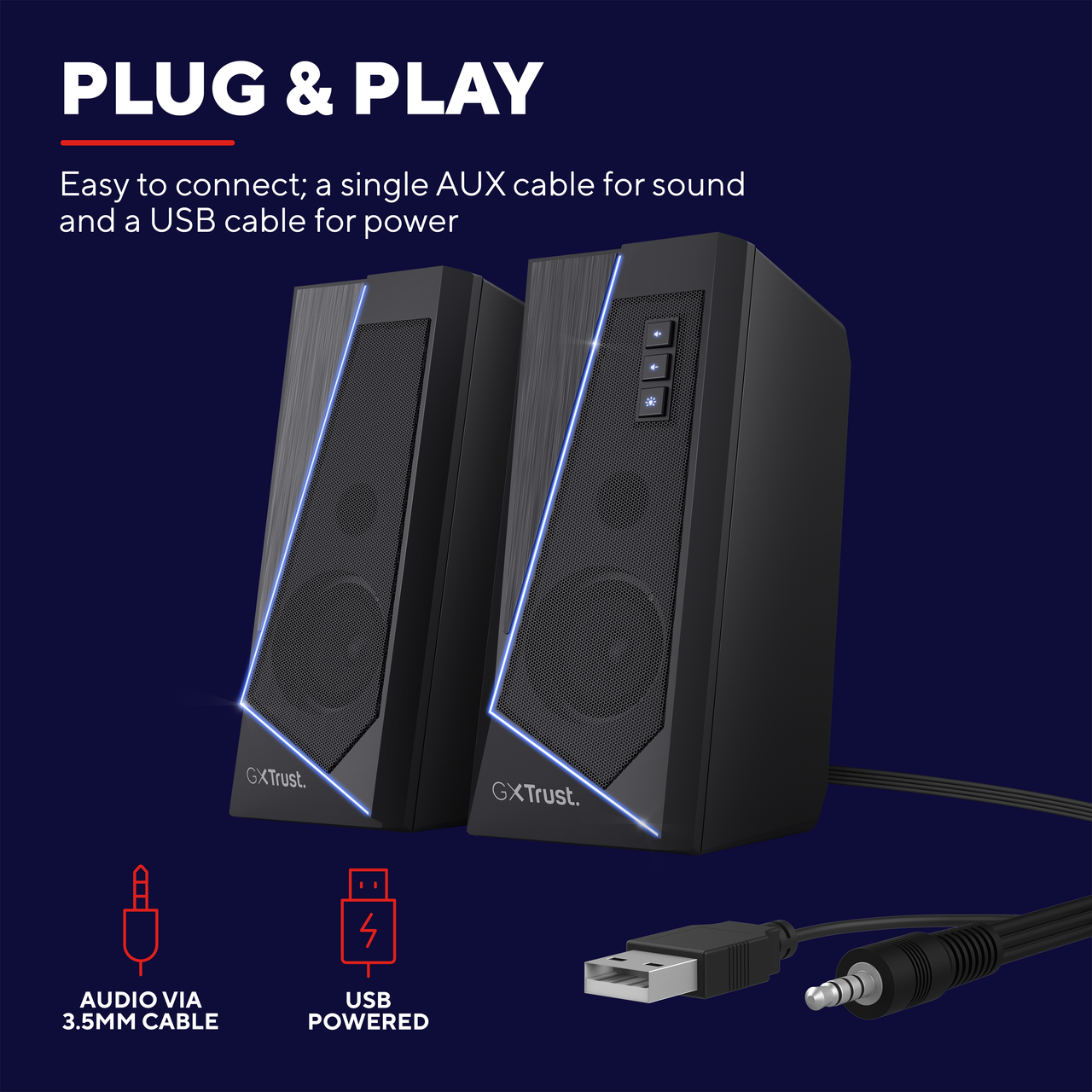 Dwa czarne głośniki z niebieskimi światłami i kablami na ciemnym tle, USB i AUX.