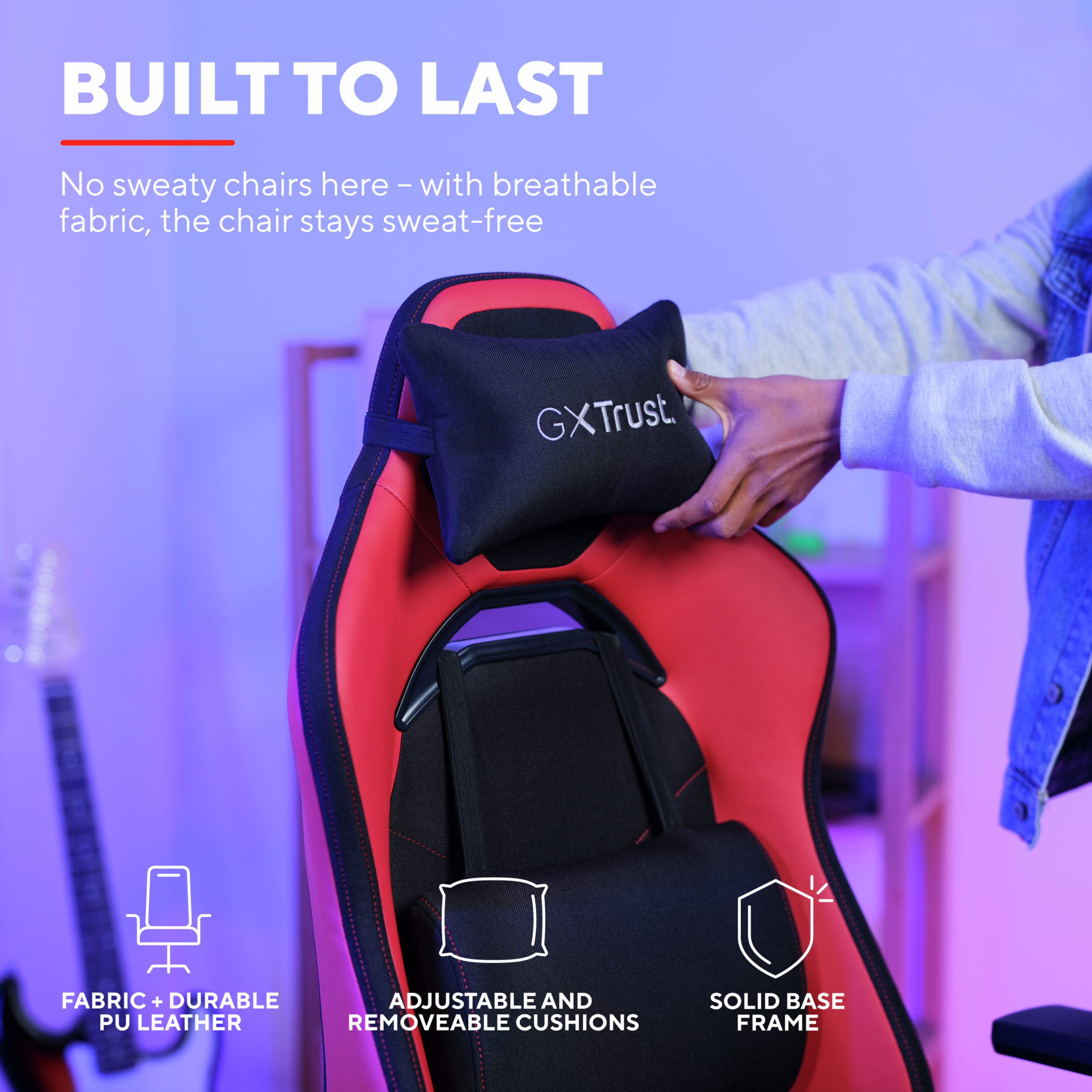 Roter und schwarzer Gaming-Stuhl mit Text und Produktinformationen auf dem Bild.