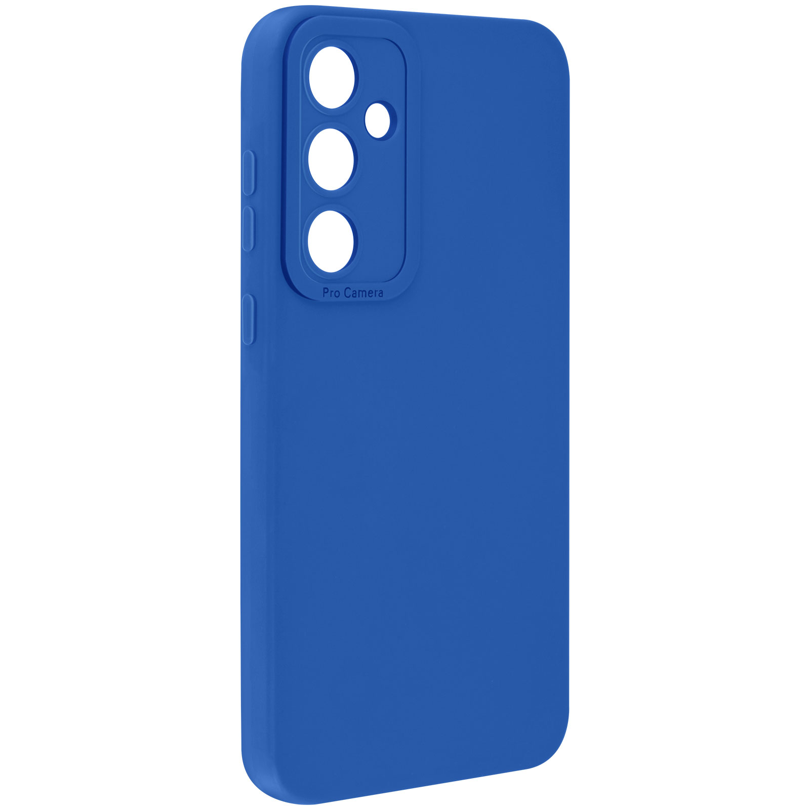 Coque de téléphone bleue avec découpes pour appareil photo, sur fond blanc.