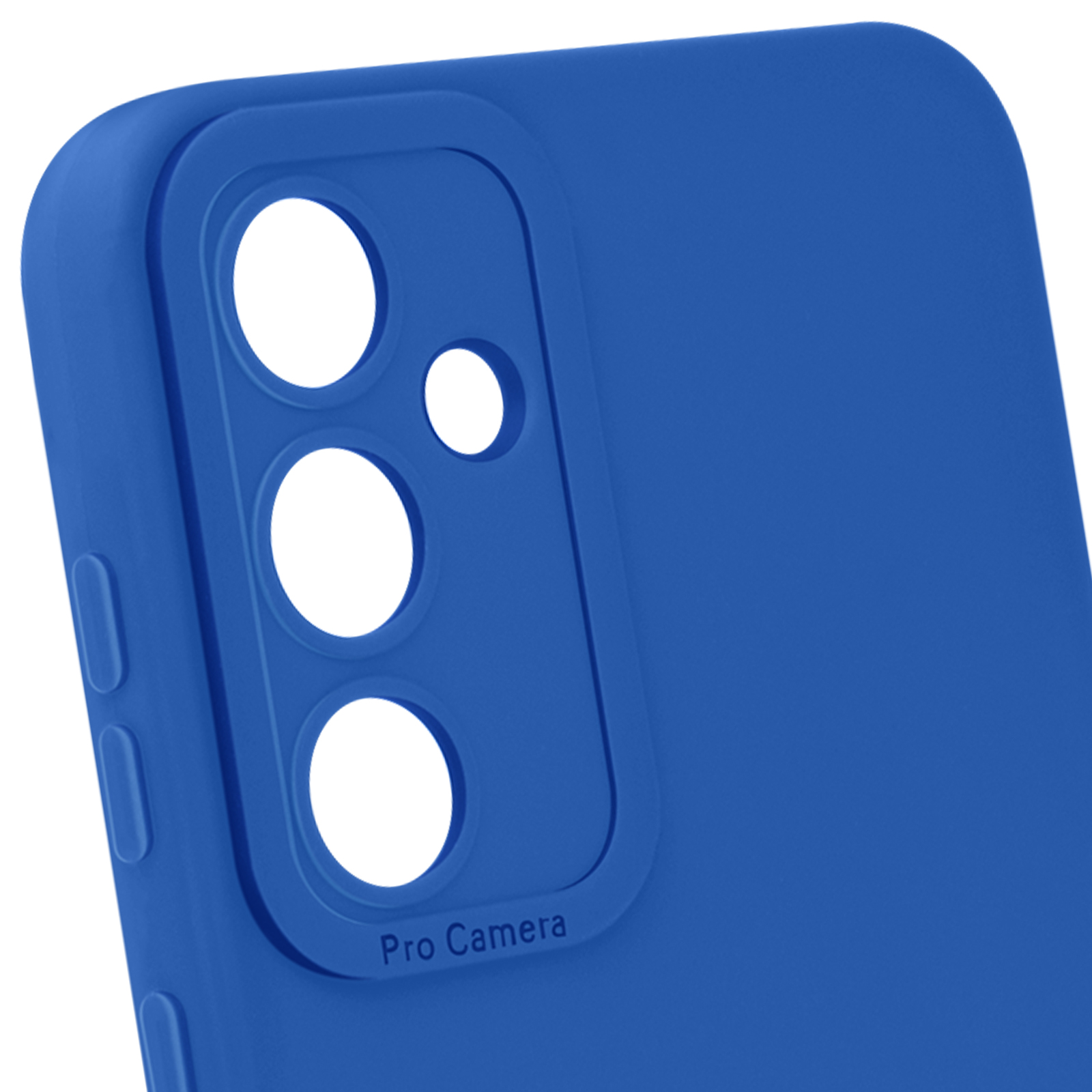 Gros plan sur une coque de téléphone bleue avec trois découpes pour caméra et les mots 'Pro Camera'.