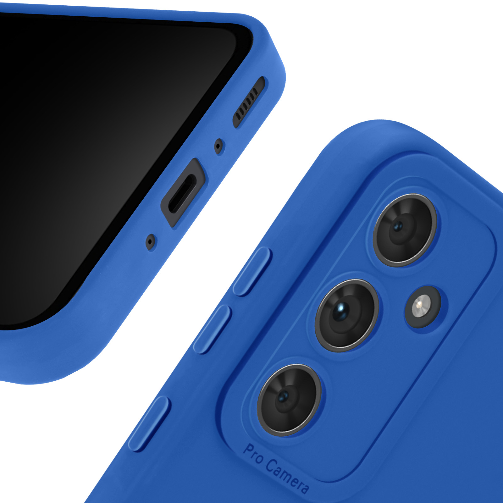 Gros plan d'une coque de téléphone bleue. La coque recouvre le côté avec les boutons et les objectifs de l'appareil photo.
