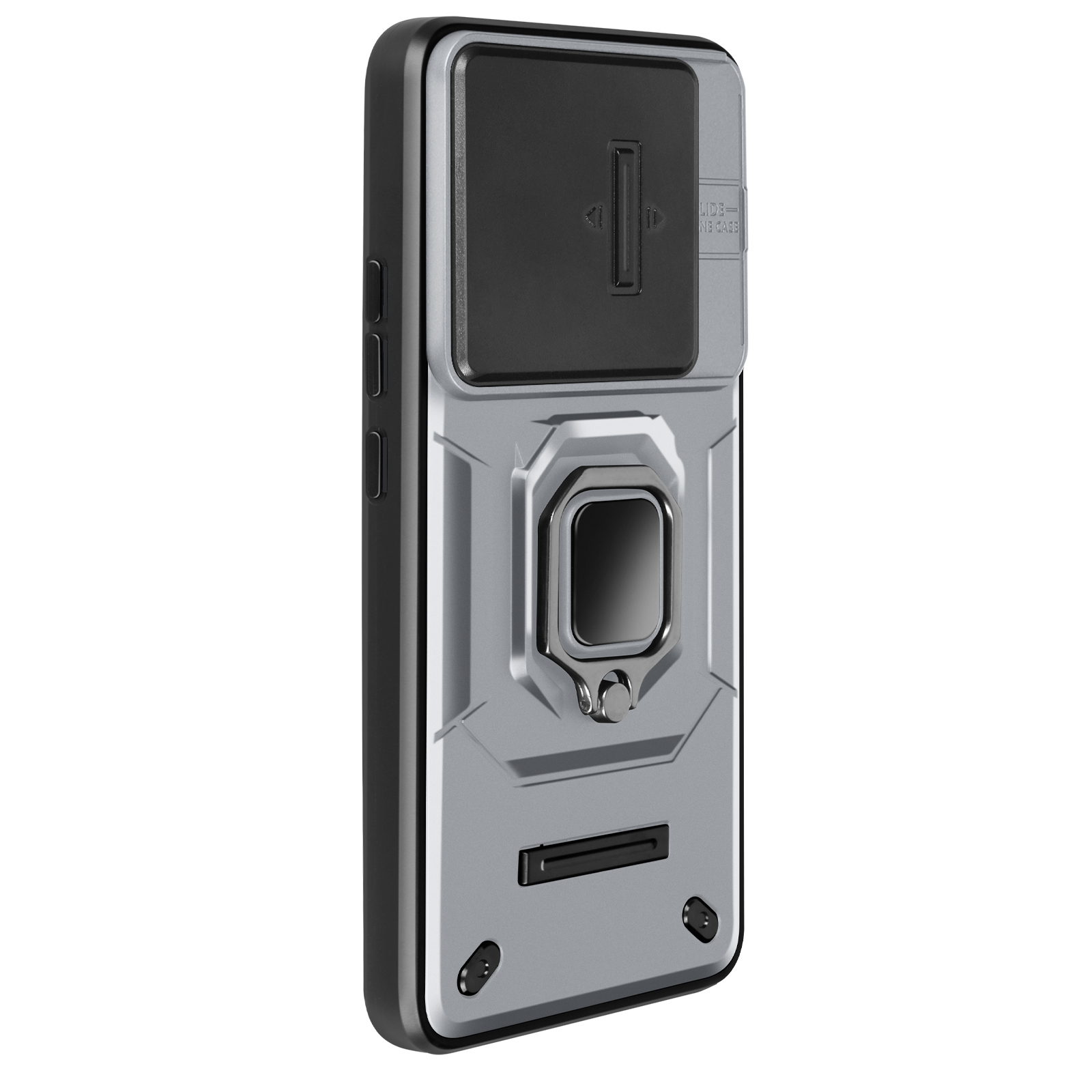 Custodia per telefono grigia con una copertura scorrevole nera. Dispone di un porta anello.