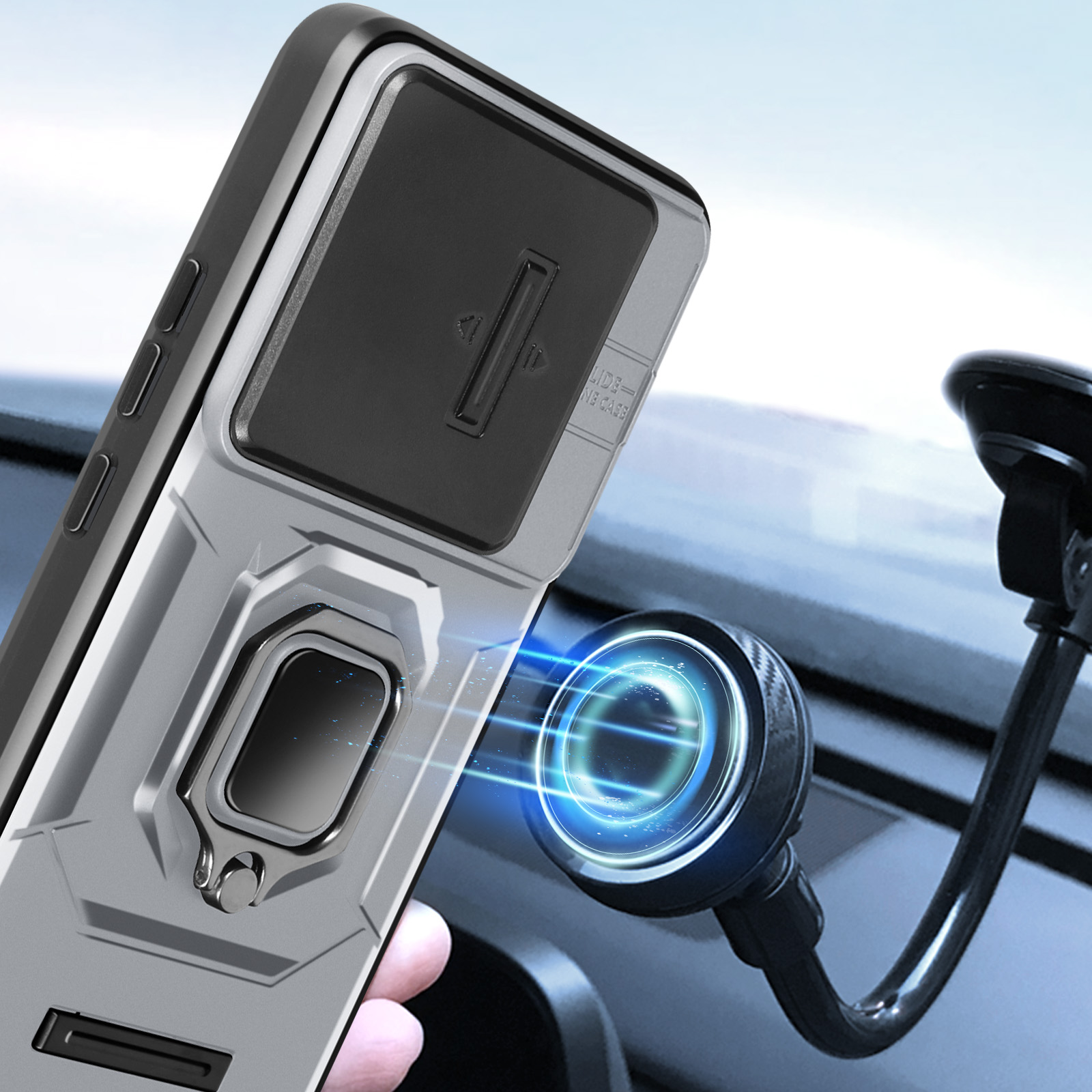 Custodia del telefono collegata a un supporto per auto. Il supporto è sul cruscotto.