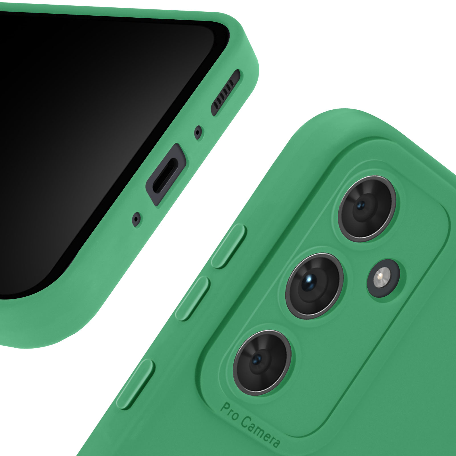 Custodia verde per telefono che mostra le lenti della fotocamera. Testo fotocamera pro.