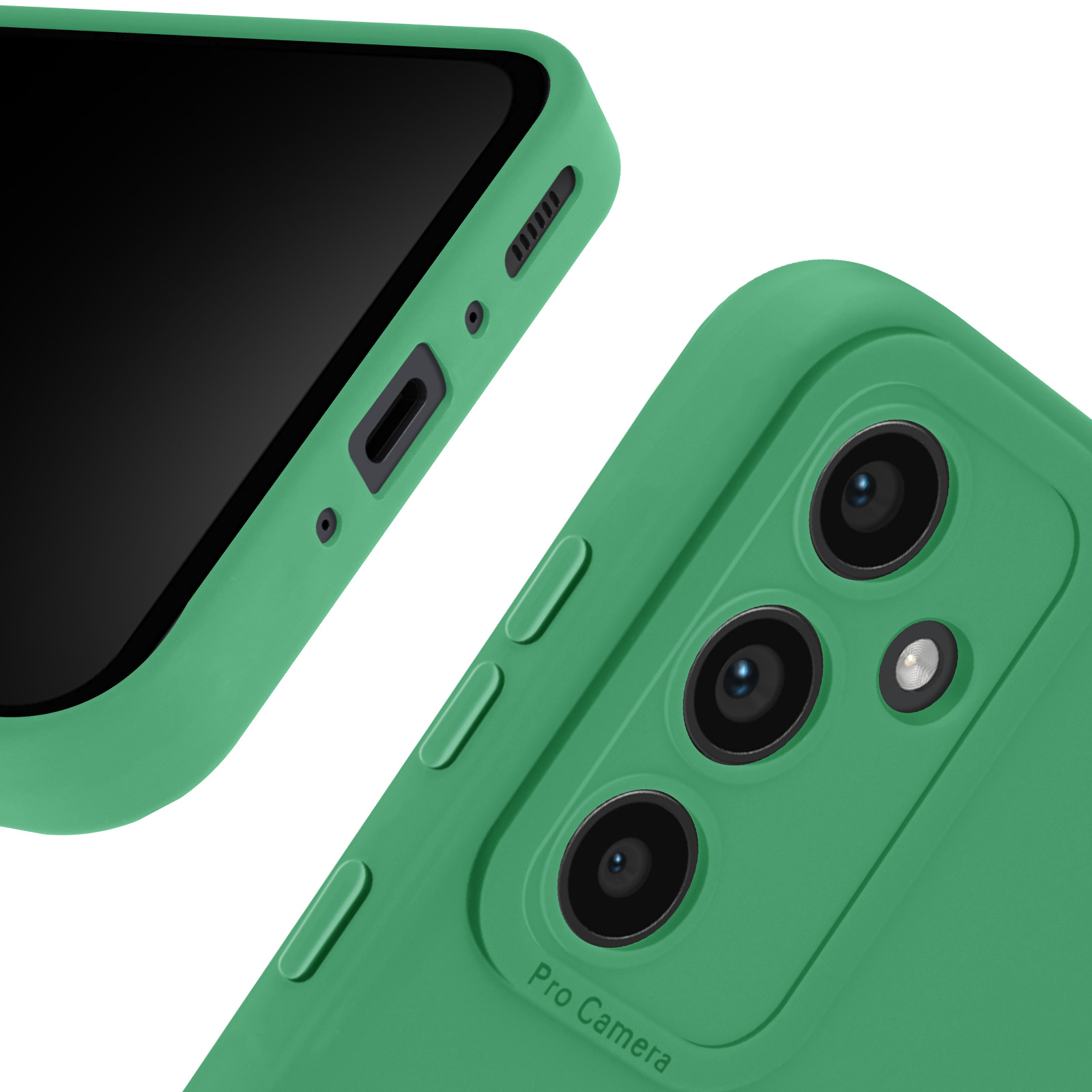 Gros plan sur une coque de téléphone verte avec des objectifs d'appareil photo et des boutons latéraux visibles.