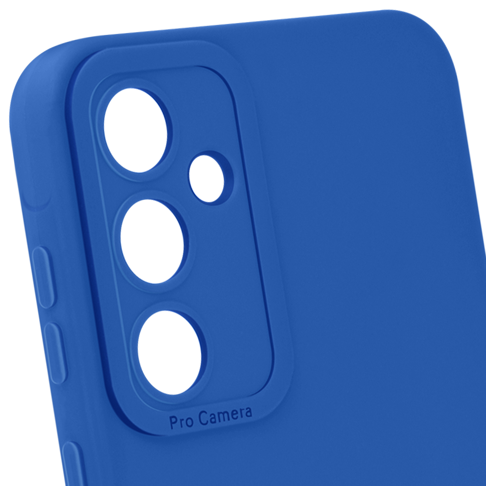 Primo piano di una custodia blu per telefono con ritagli per fotocamera. Testo Pro Camera visibile.