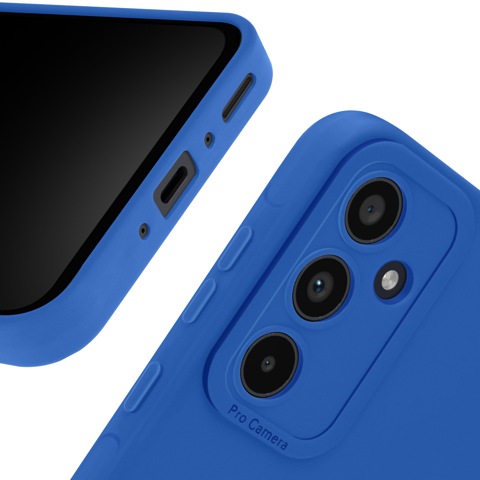 Custodia blu per telefono con tre obiettivi, schermo nero e sfondo bianco.
