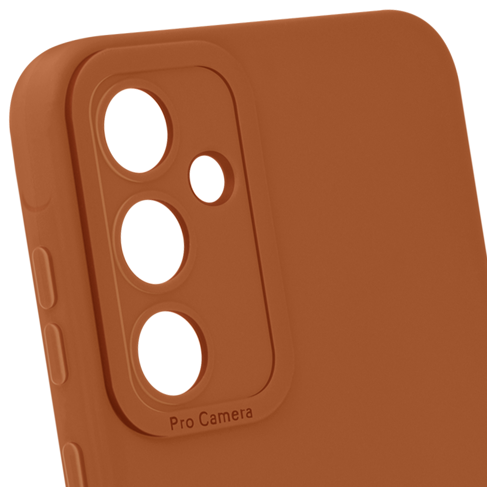 Primo piano di una custodia per telefono marrone con tre ritagli per fotocamera e la scritta 'Pro Camera'.