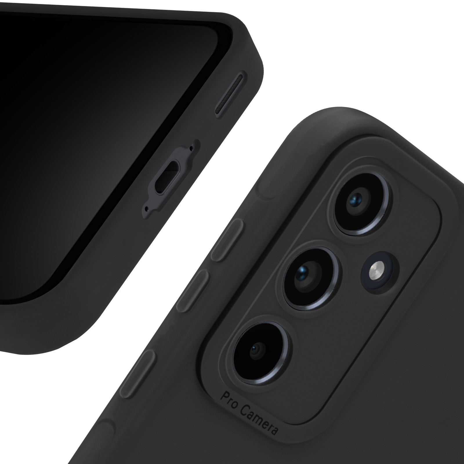 Primo piano di una custodia nera con un telefono. Ha 3 fotocamere e un'etichetta pro camera.